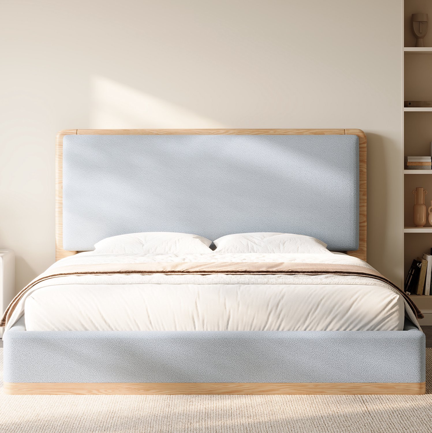 OKWISH Gestoffeerd Tweepersoonsbed 180x200 cm - Zacht Hoofdbord - Met Lattenbodem - Voor de Slaapkamer - Stof en Hout - Grijs en Naturel - Zonder Matras