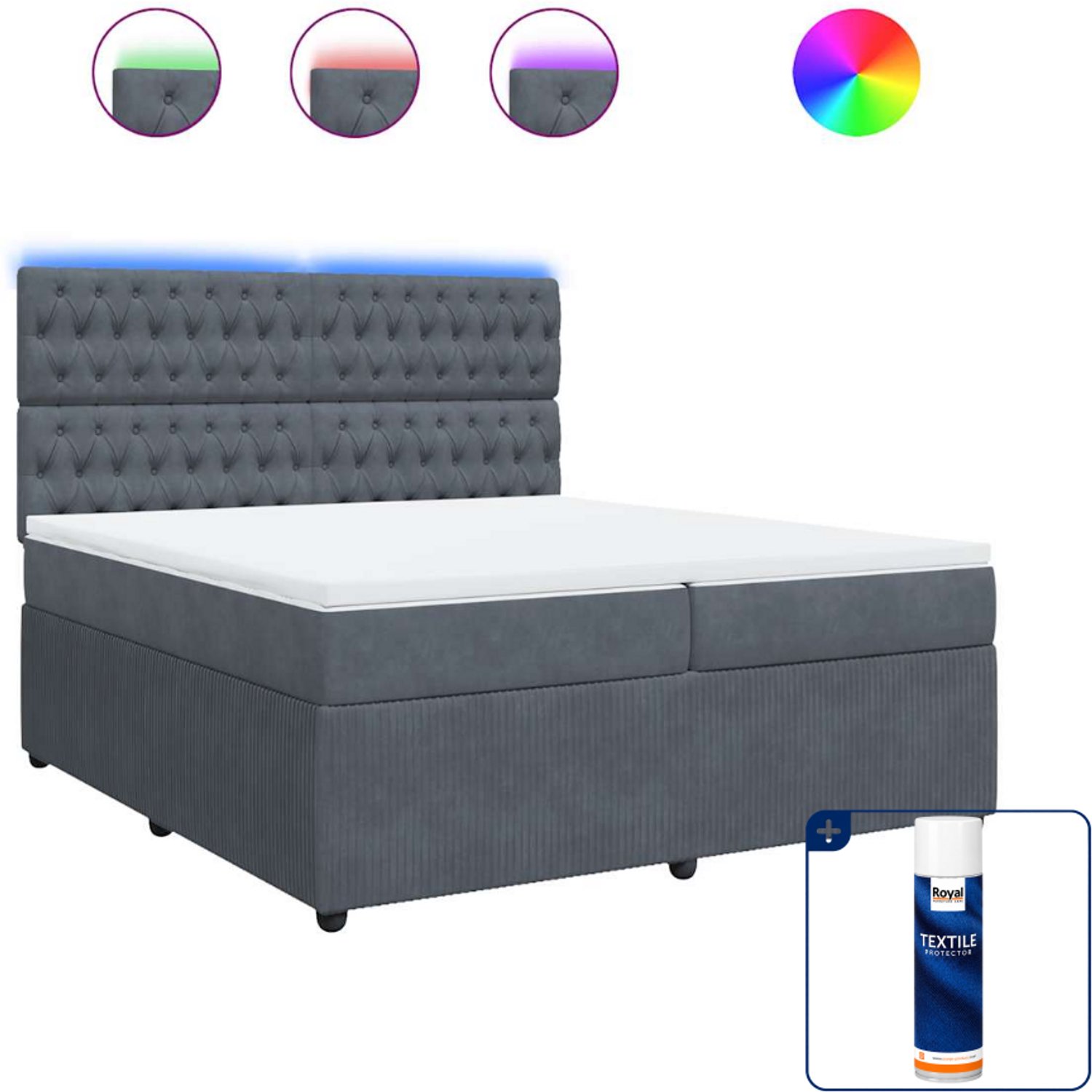 vidaXL Boxspring - Super kingsize - 200 x 200 cm - fluweel - donkergrijs - Inclusief textielbeschermer 500 ml