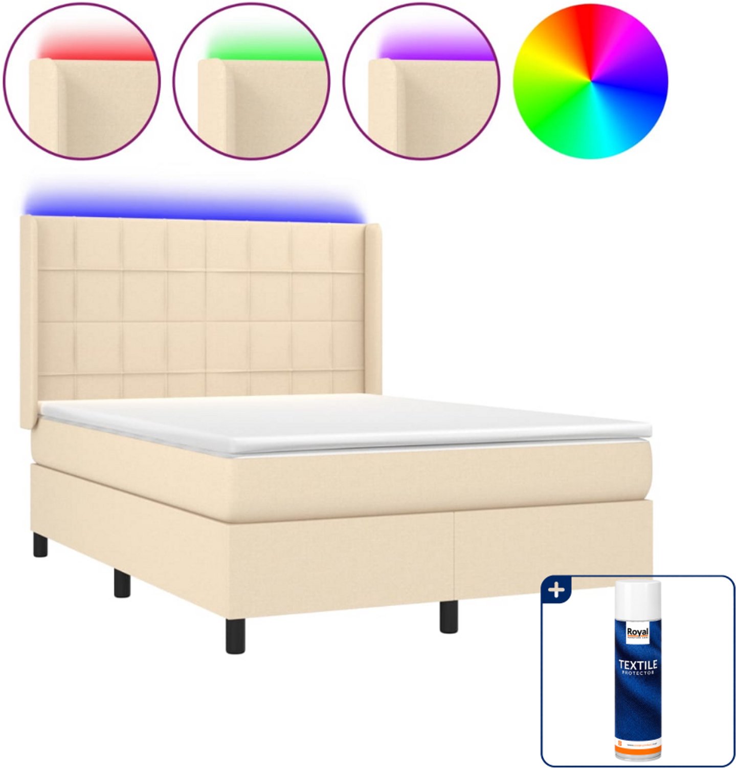 vidaXL boxspring met matras en led - 140 x 190 cm - crème - Inclusief textielbeschermer 500 ml
