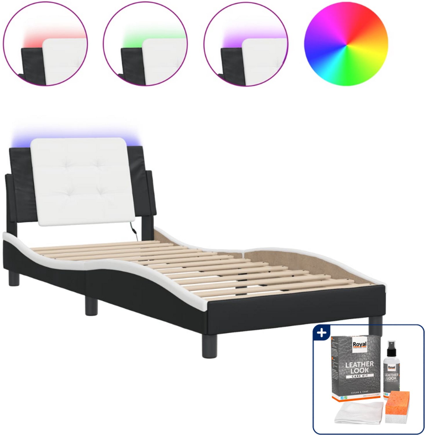 vidaXL Zadar bedframe - 90 x 190 cm - kunstleer - zwart en wit - Inclusief onderhoudsset voor kunstleer 150 ml