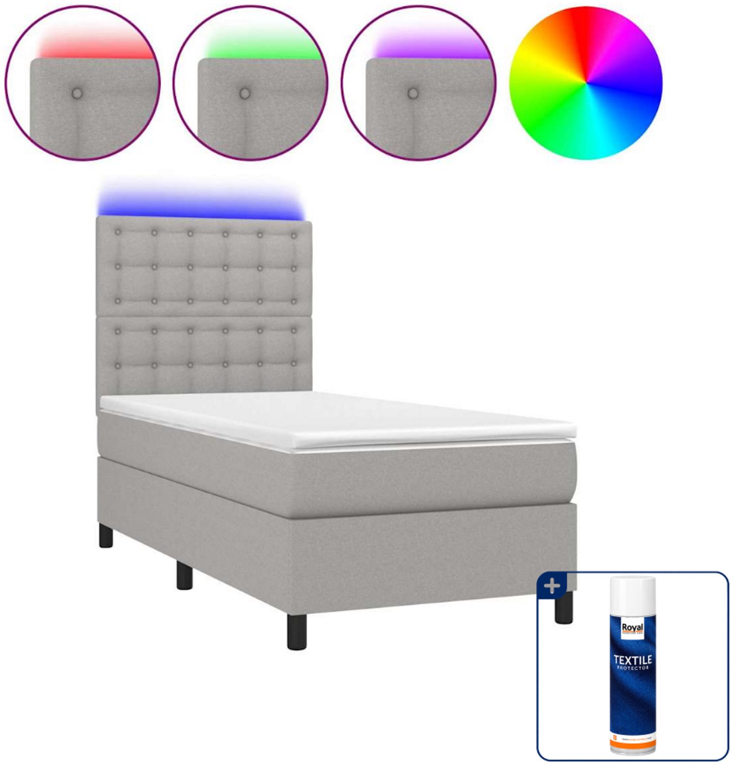 vidaXL boxspring met matras en LED - 90 x 200 cm - lichtgrijs - Inclusief textielbeschermer 500 ml