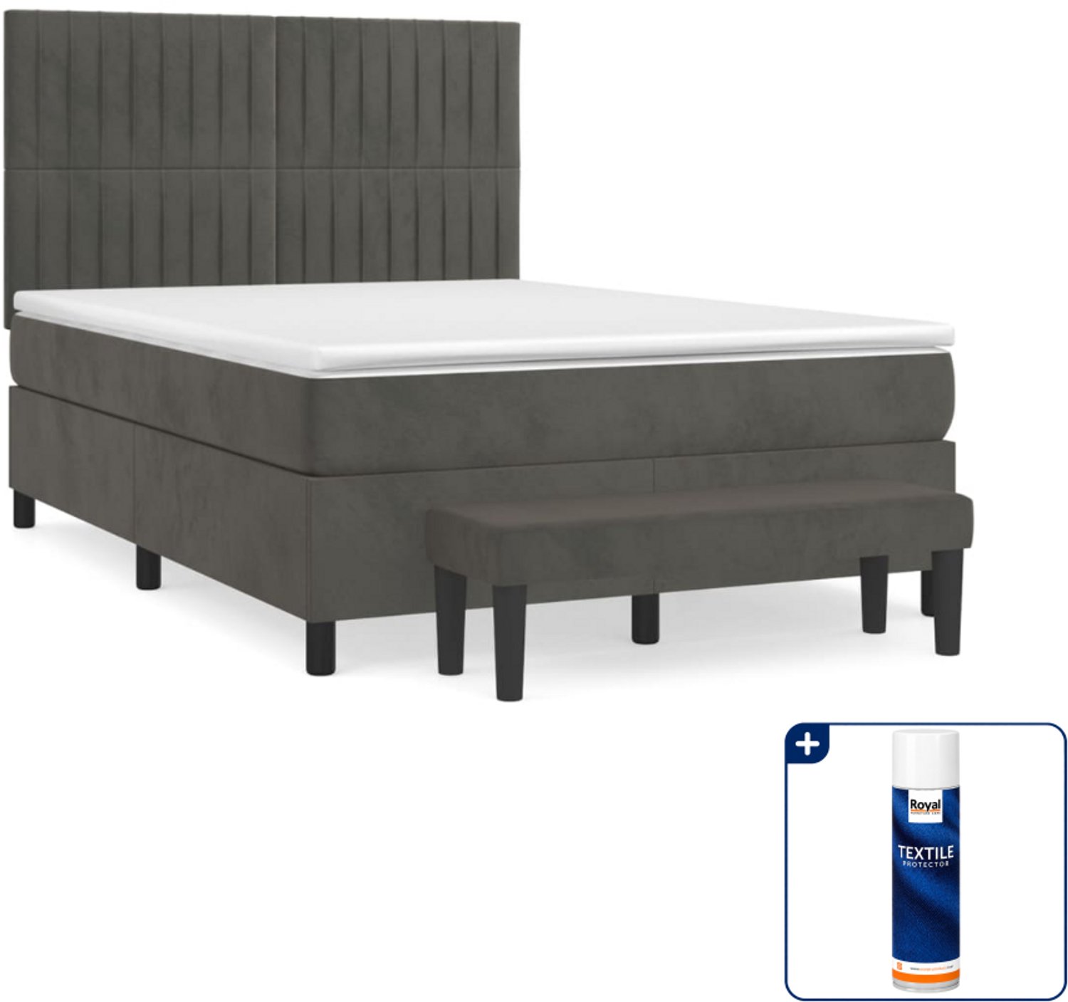 vidaXL boxspring met matras en bankje - 140 x 190 cm - fluweel - donkergrijs - Inclusief textielbeschermer 500 ml