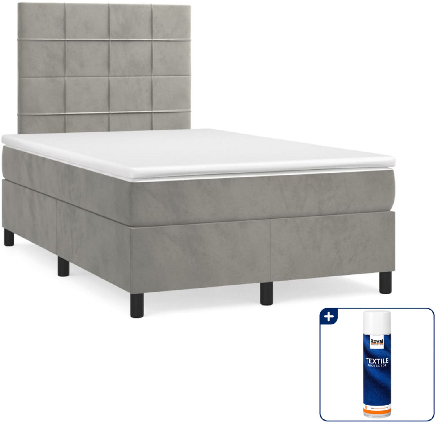 vidaXL boxspring met matras 120 x 200 cm - fluweel - lichtgrijs - Inclusief textielbeschermer 500 ml