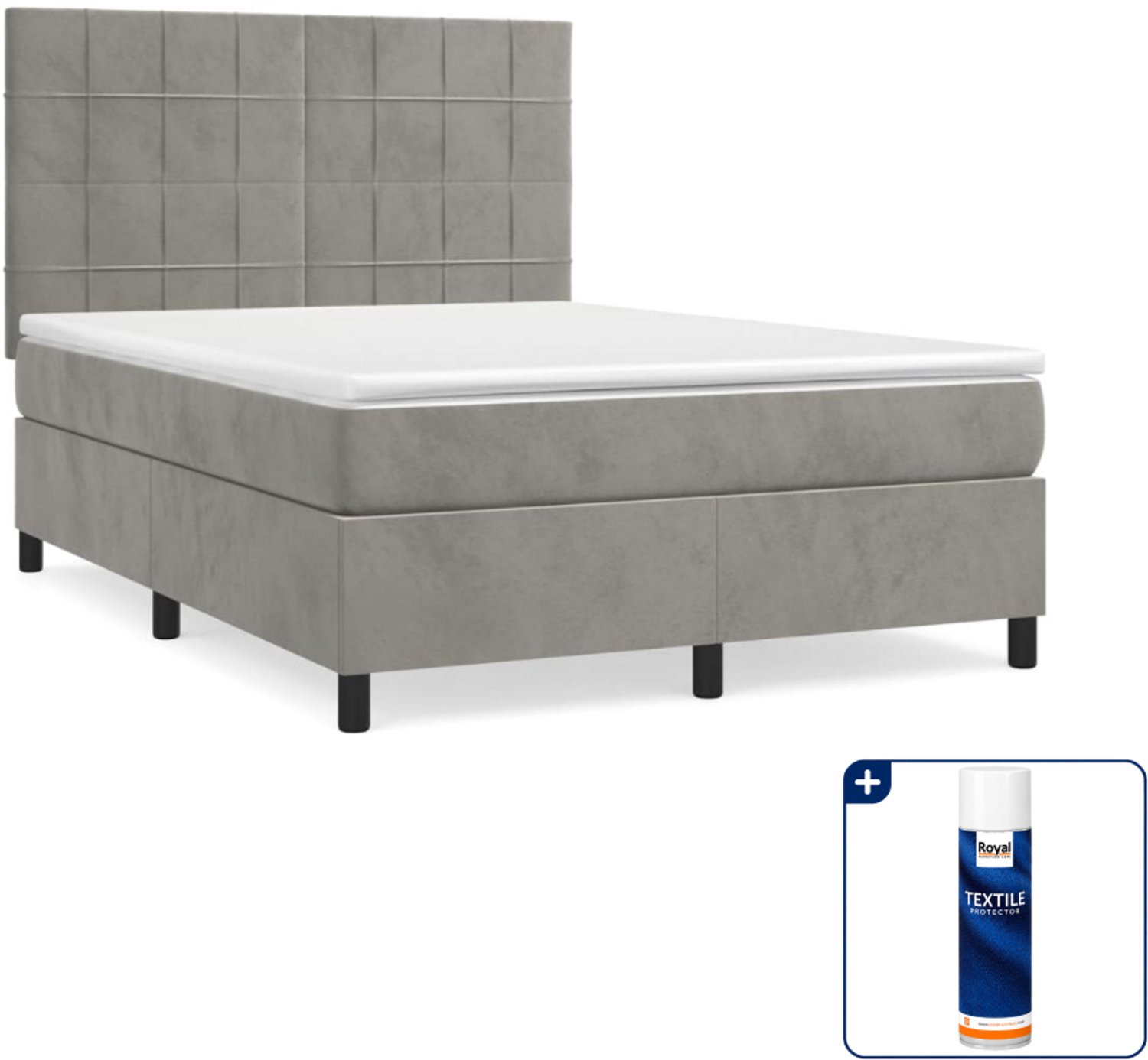 vidaXL Boxspring 140 x 190 cm - fluweel - lichtgrijs - Inclusief textielbeschermer 500 ml