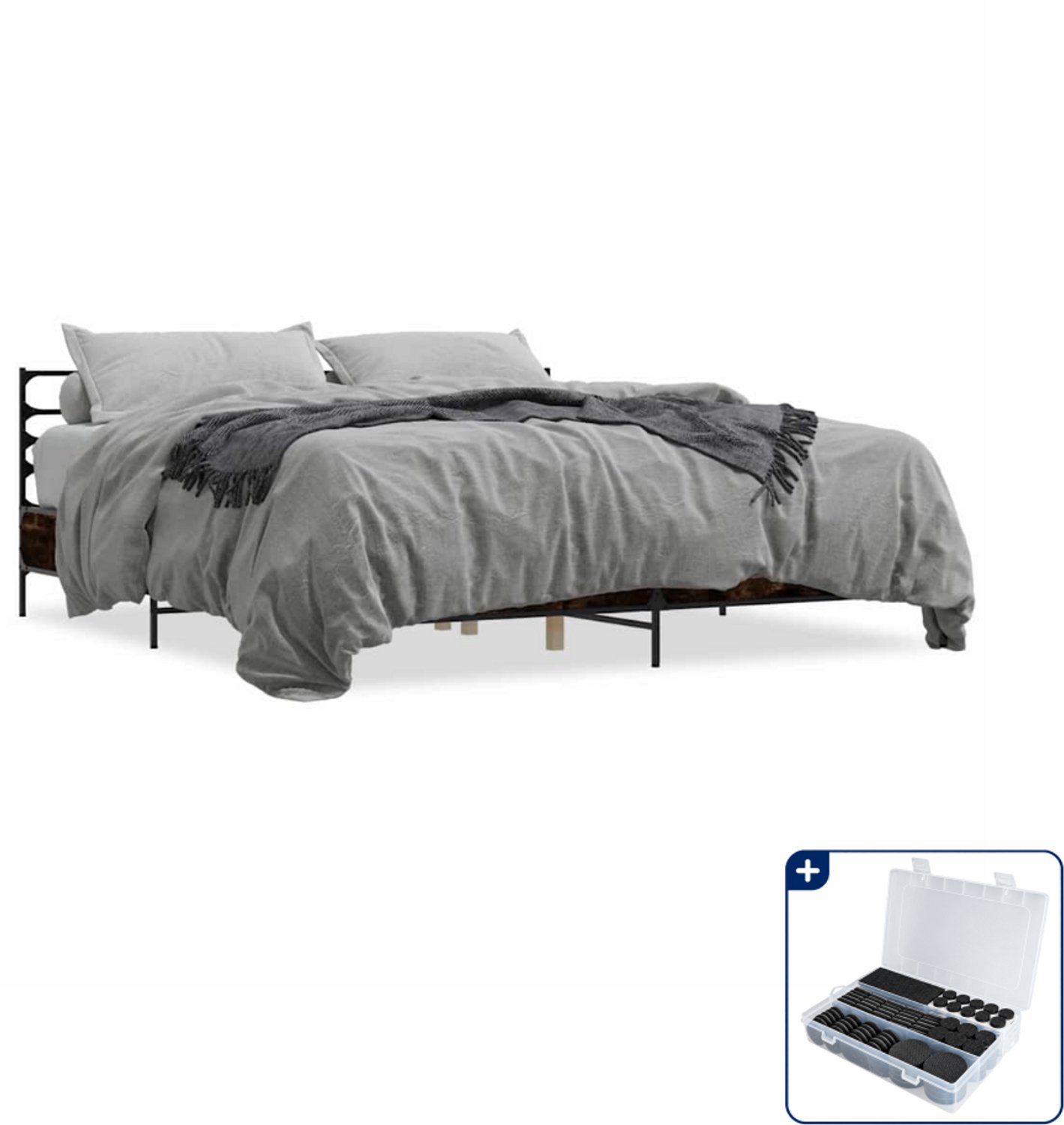 vidaXL Bedframe - 200 x 200 cm - bewerkt hout en metaal - gerookt eiken - Inclusief antikrasvilt 177-delig