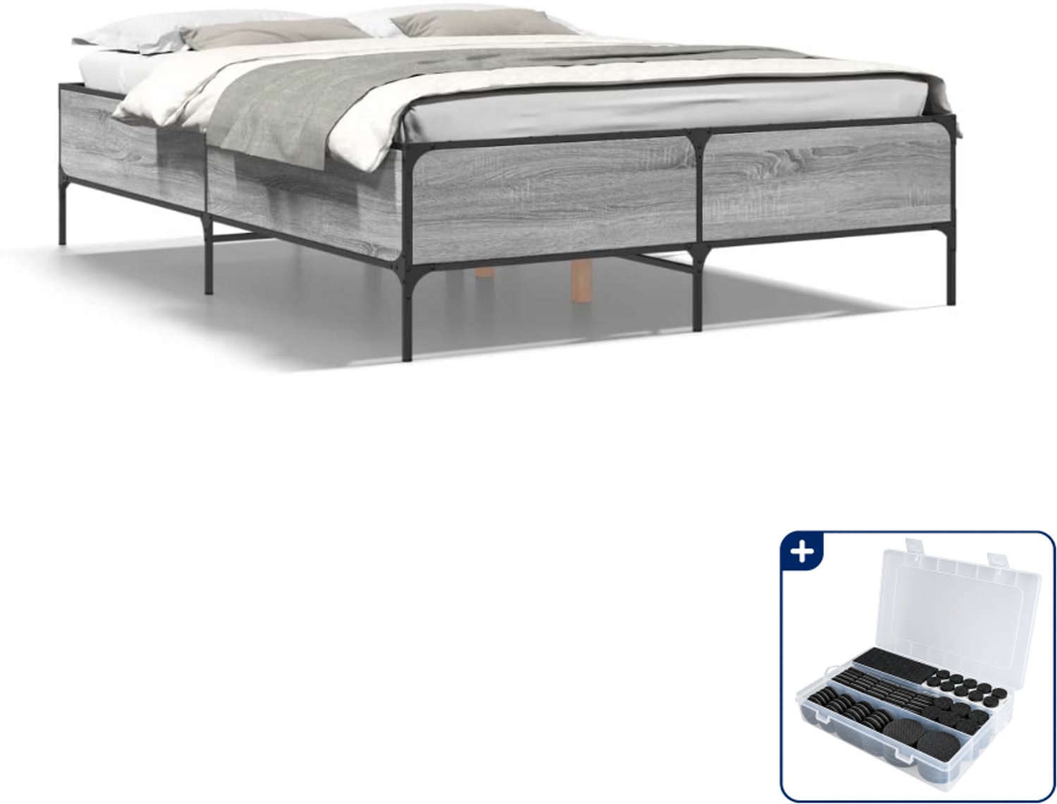 vidaXL Queensize bedframe 160 x 200 cm - bewerkt hout - grijs sonoma - Inclusief antikrasvilt 177-delig Bruin