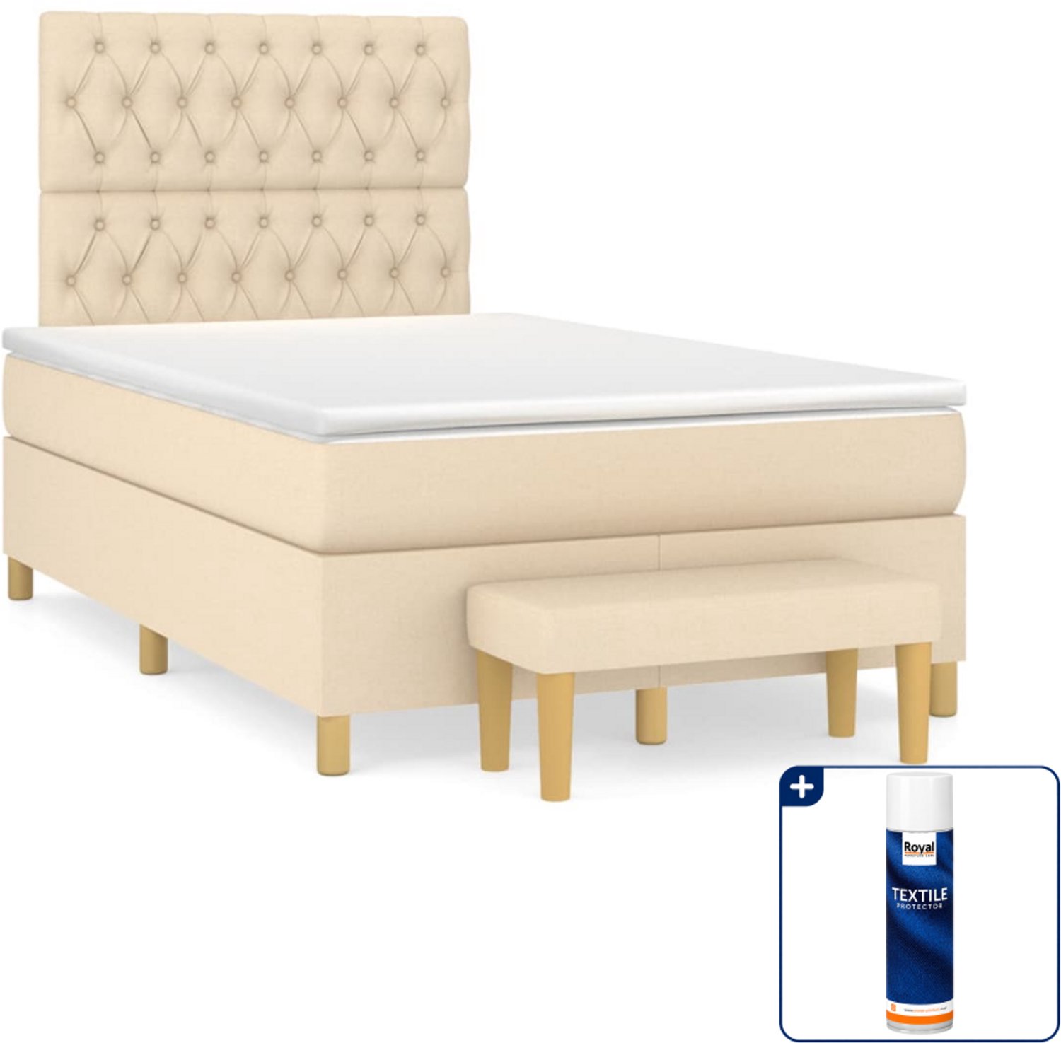 vidaXL boxspring met matras en bankje - 120 x 200 cm - crème - Inclusief textielbeschermer 500 ml