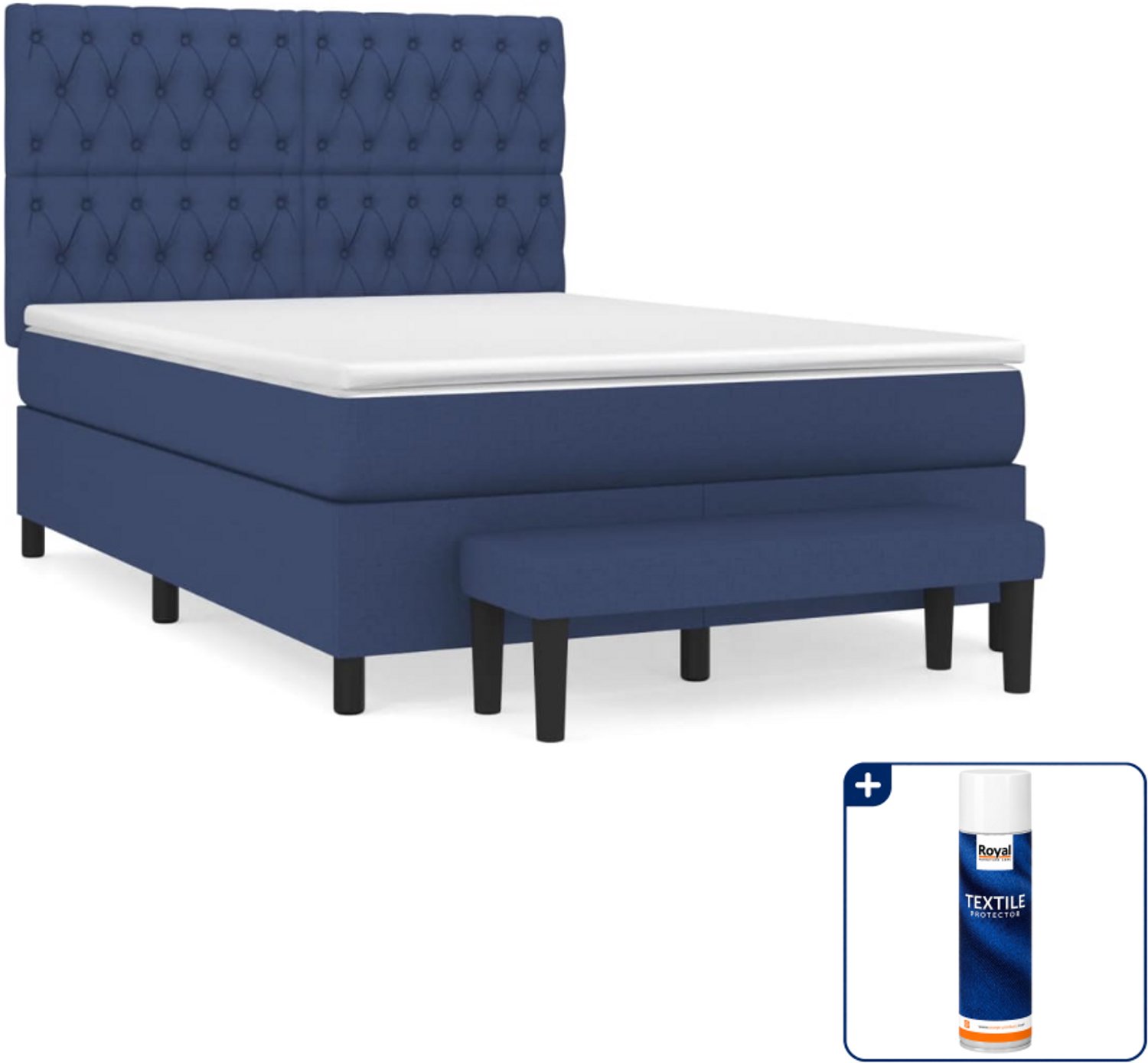 vidaXL boxspring met matras en bankje - 140 x 190 cm - blauw - Inclusief textielbeschermer 500 ml