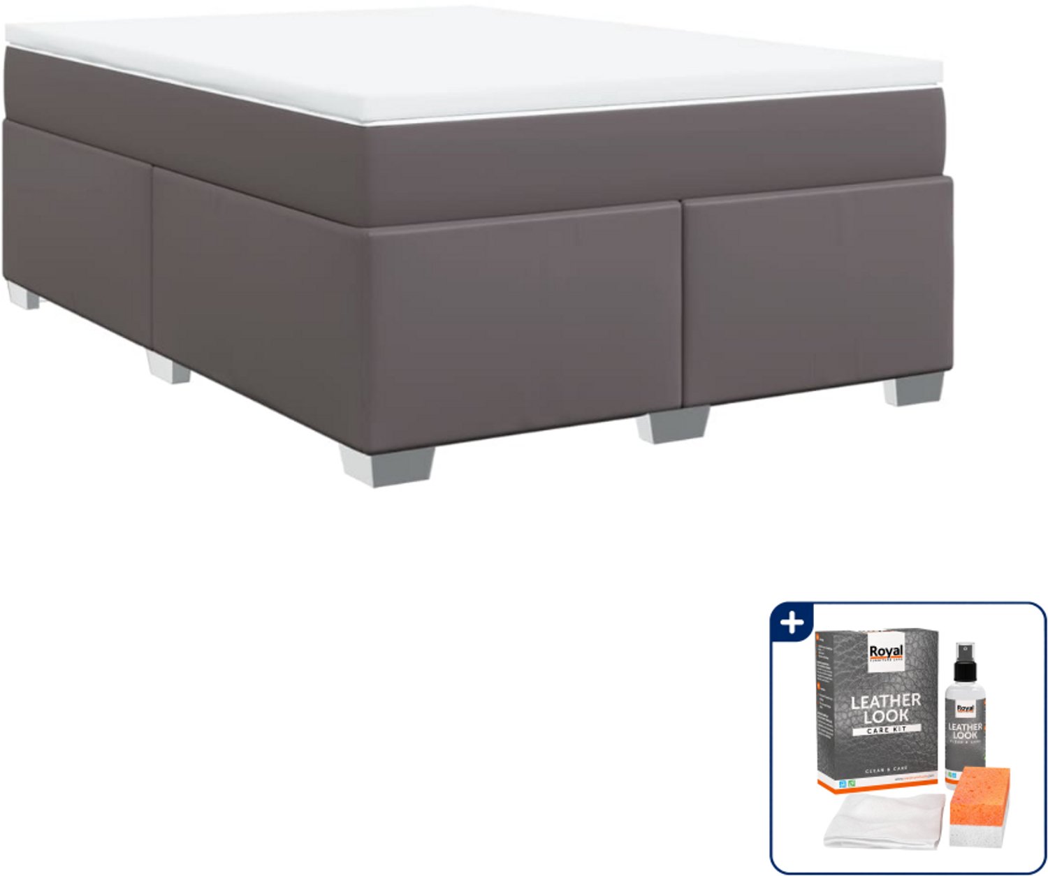 vidaXL boxspring - Small double - 140 x 200 cm - grijs - Inclusief onderhoudsset voor kunstleer 150 ml