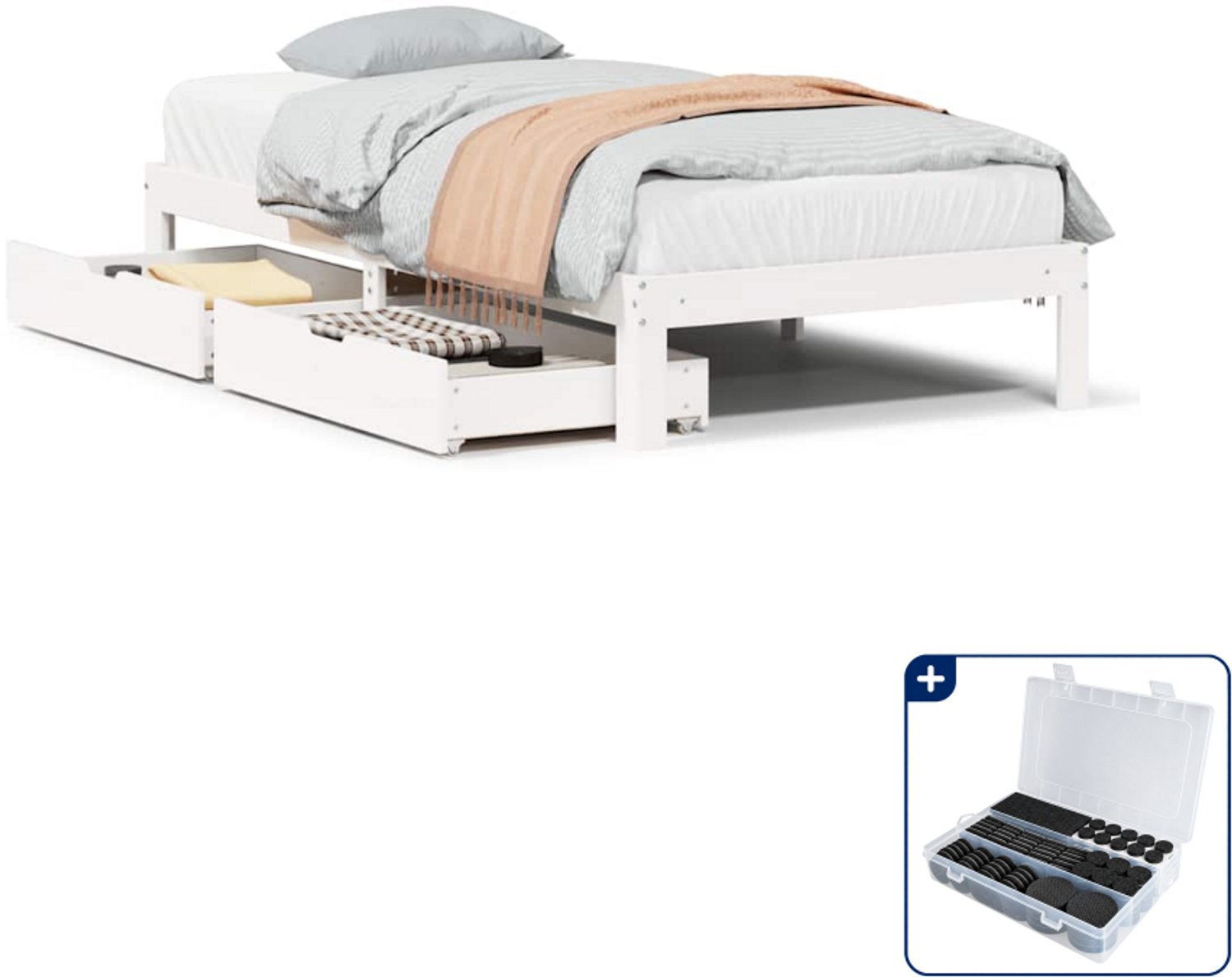 vidaXL bedframe met lades - 90 x 200 cm - massief grenenhout - wit - Inclusief antikrasvilt 177-delig