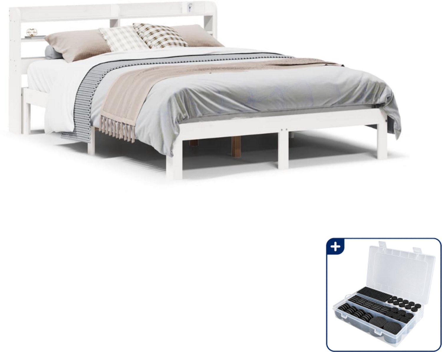 vidaXL Queensize bedframe - 160 x 200 cm - massief grenenhout - wit - Inclusief antikrasvilt 177-delig