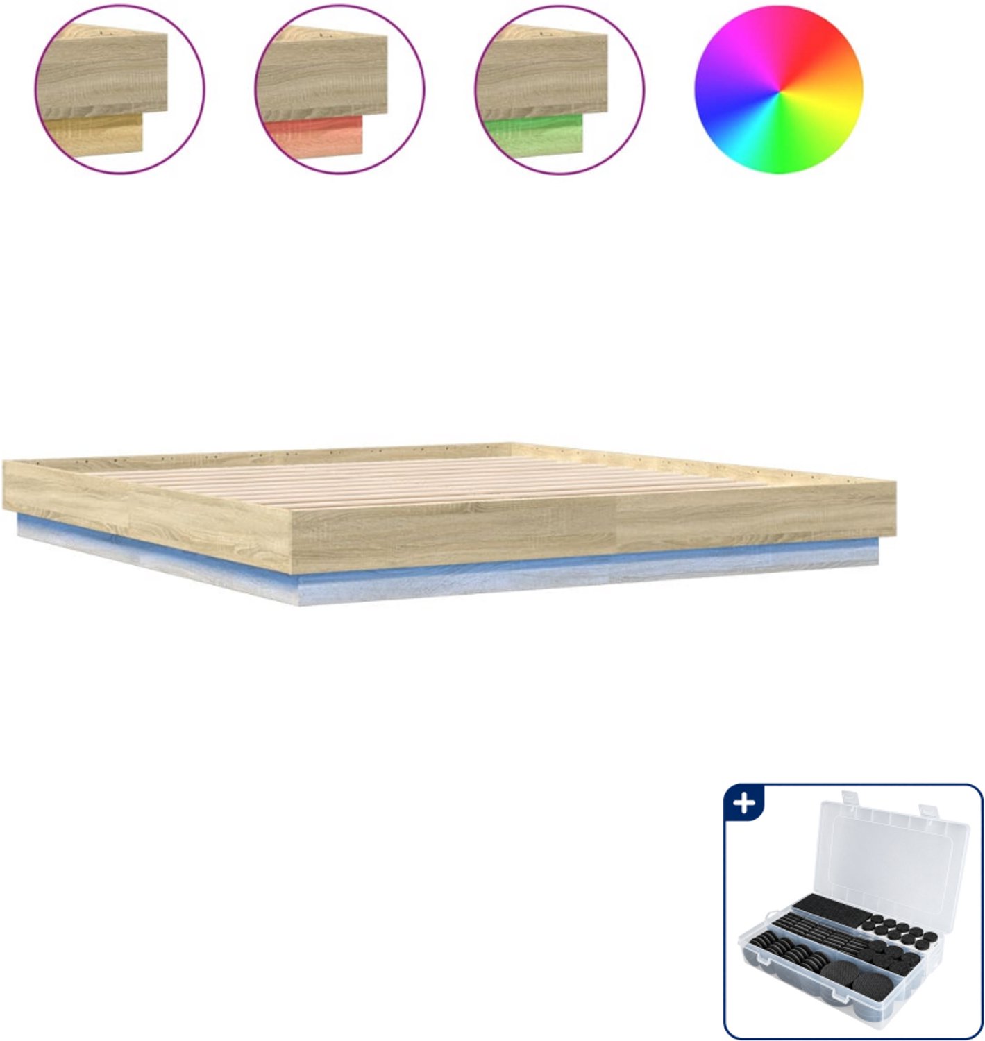 vidaXL bedframe met led - 200 x 200 cm - sonoma eiken - Inclusief antikrasvilt 177-delig Zwart
