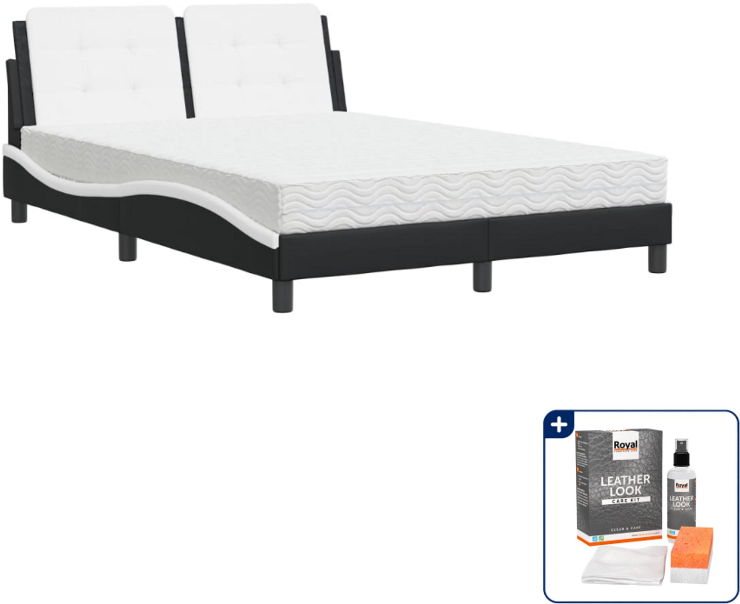 vidaXL Zadar bed met matras - 140 x 190 cm - kunstleer - zwart en wit - Inclusief onderhoudsset voor kunstleer 150 ml Grijs