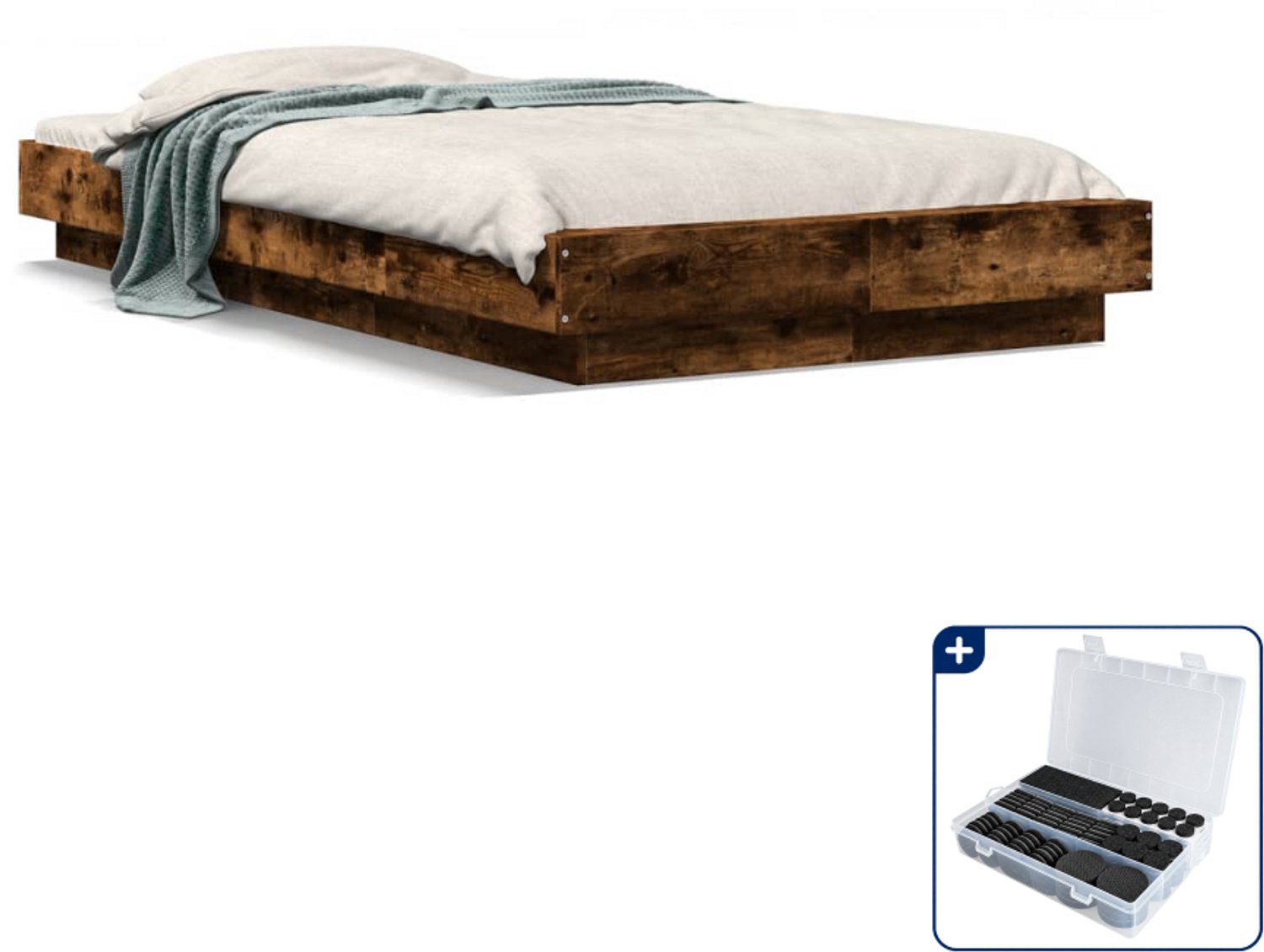 vidaXL bedframe - 90 x 200 cm - bewerkt hout - gerookt eiken - Inclusief antikrasvilt 177-delig Bruin