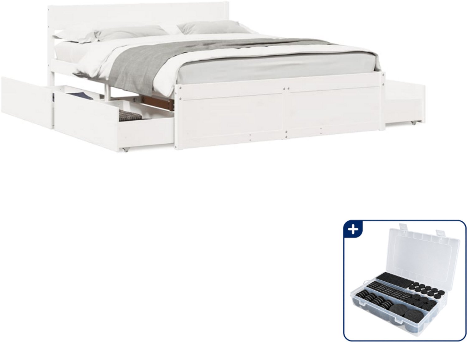 vidaXL bedframe met lades - 150 x 200 cm - massief grenenhout - wit - Inclusief antikrasvilt 177-delig Zwart