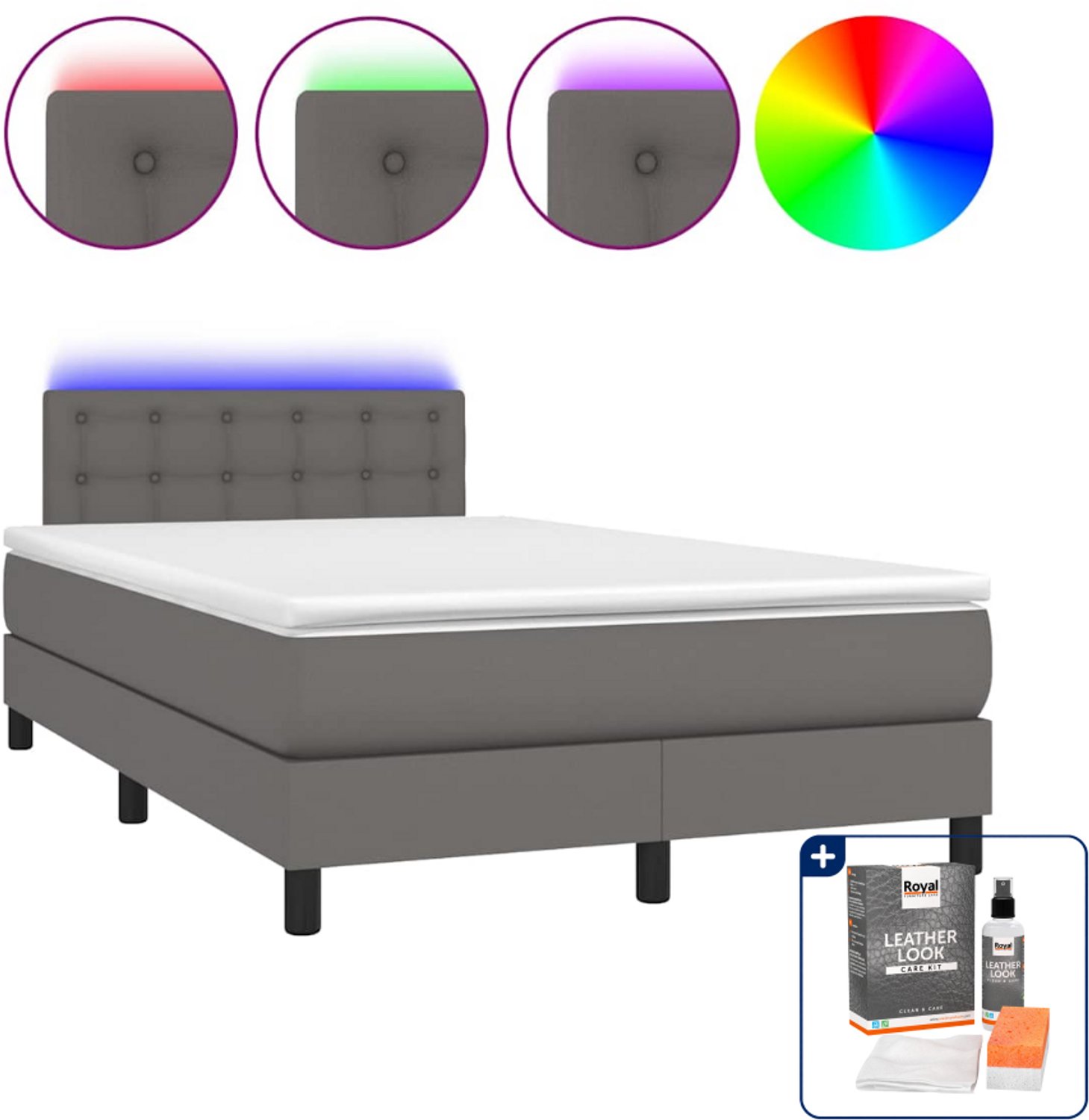 vidaXL boxspring met matras en led - 120 x 200 cm - kunstleer - grijs - Inclusief onderhoudsset voor kunstleer 150 ml