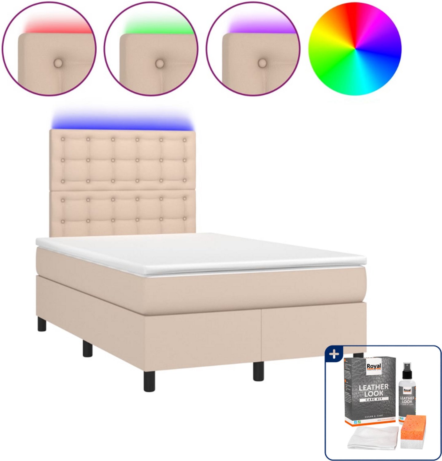 vidaXL boxspring met matras en LED - 120 x 200 cm - kunstleer - cappuccino - Inclusief onderhoudsset voor kunstleer 150 ml Bruin
