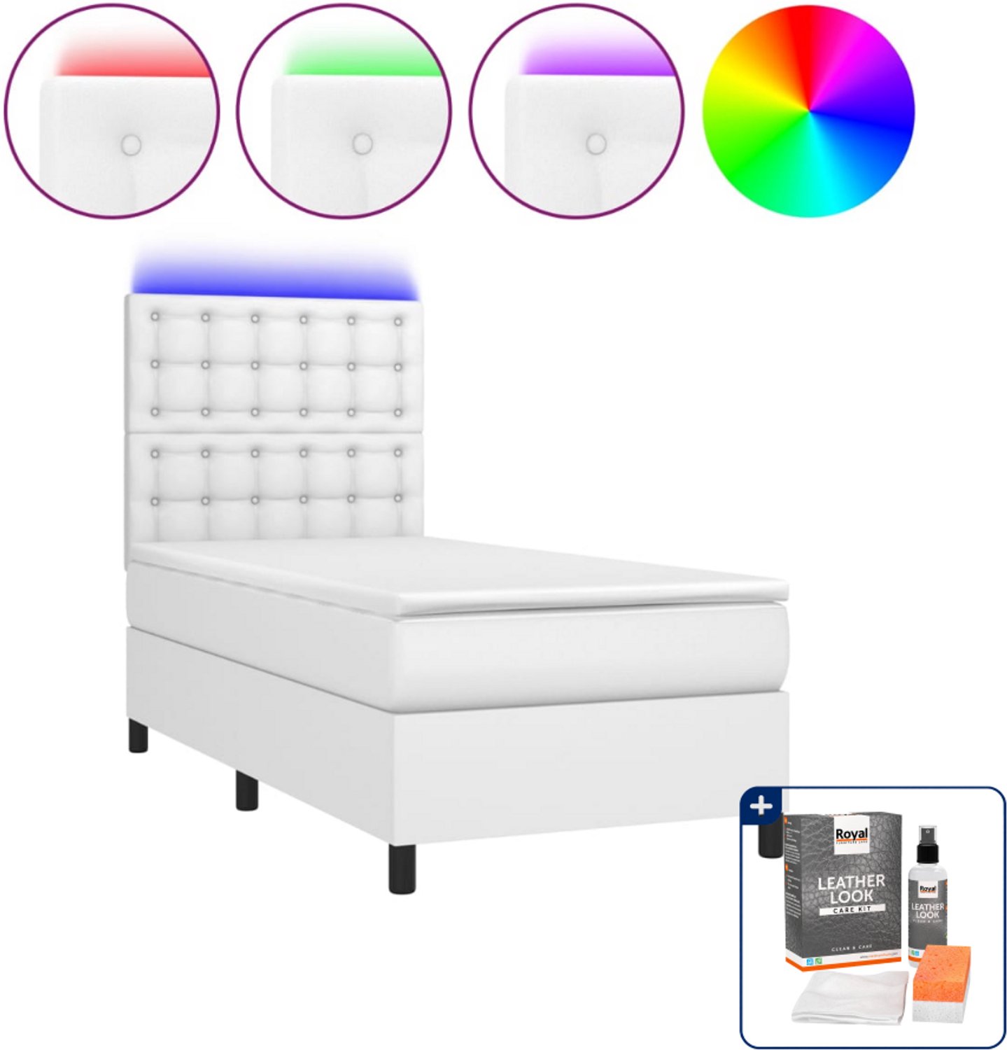 vidaXL Boxspring met matras en LED - 90 x 200 cm - kunstleer - wit - Inclusief onderhoudsset voor kunstleer 150 ml