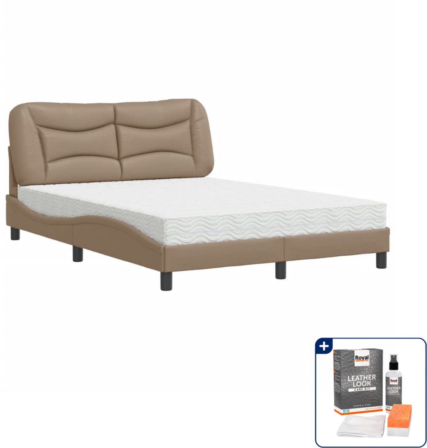 vidaXL Hvar bed met matras - 120 x 200 cm - kunstleer - cappuccino - Inclusief onderhoudsset voor kunstleer 150 ml Zwart