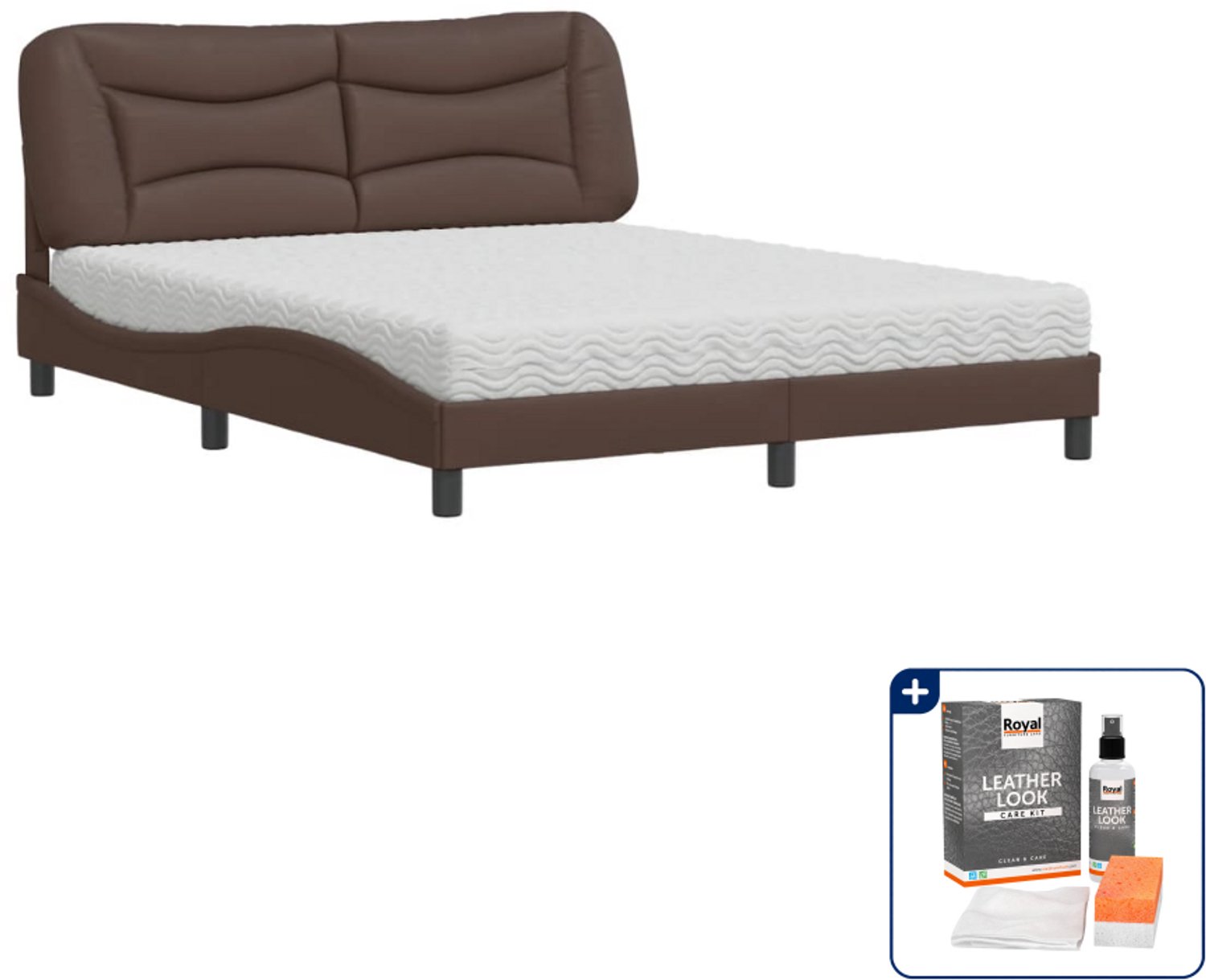 vidaXL Hvar bed met matras - Queensize - 160 x 200 cm - bruin - Inclusief onderhoudsset voor kunstleer 150 ml Zwart