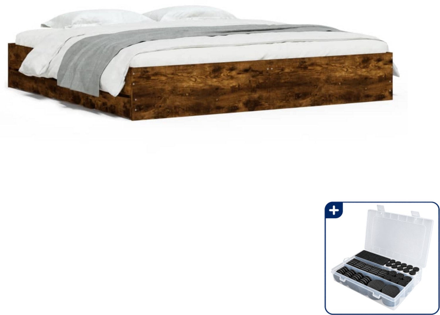 vidaXL bedframe met lades - Queensize - 160 x 200 cm - gerookt eiken - Inclusief antikrasvilt 177-delig Grijs