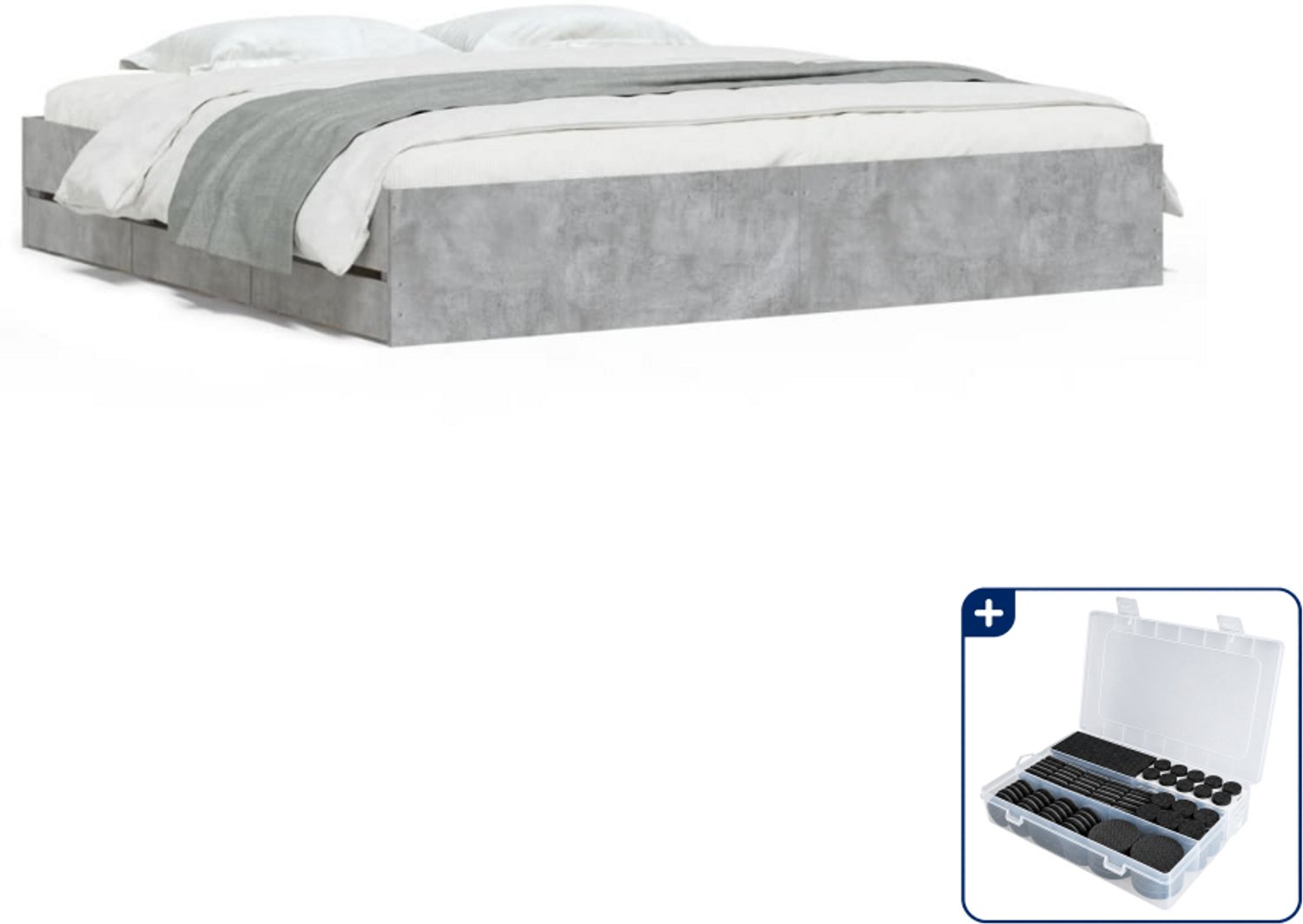 vidaXL bedframe met lades - 200 x 200 cm - bewerkt hout - betongrijs - Inclusief antikrasvilt 177-delig