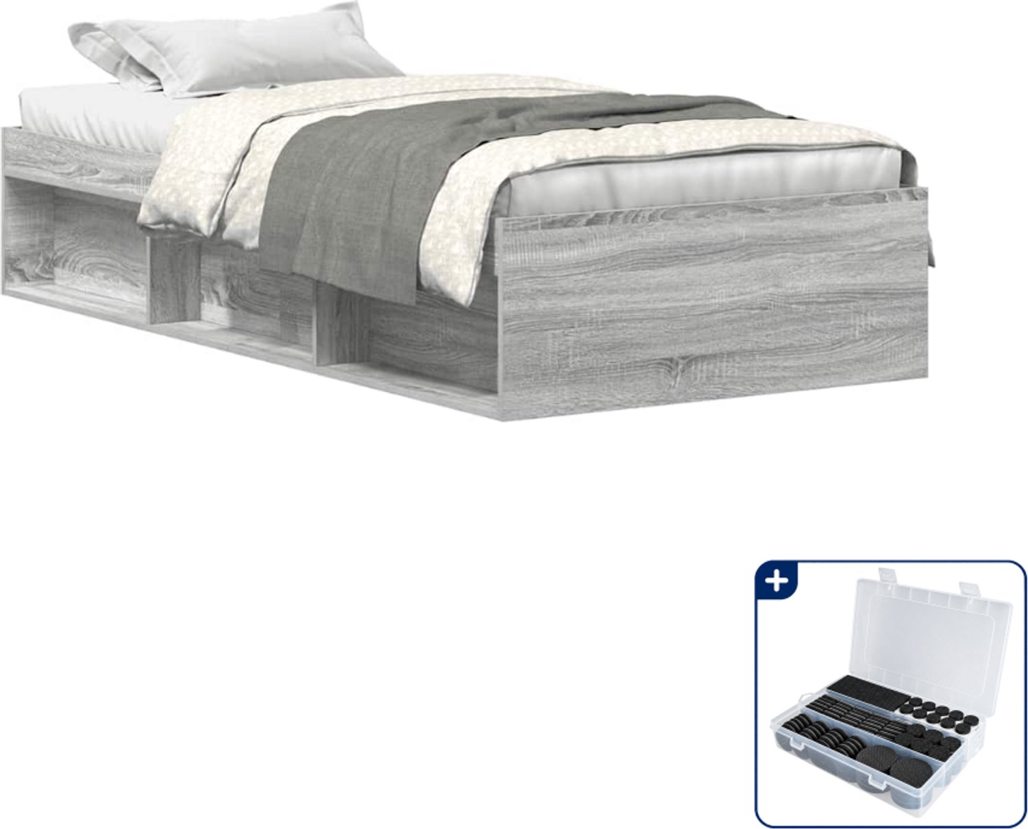 vidaXL bedframe 75 x 190 cm - grijs sonoma eiken - Inclusief antikrasvilt 177-delig Bruin