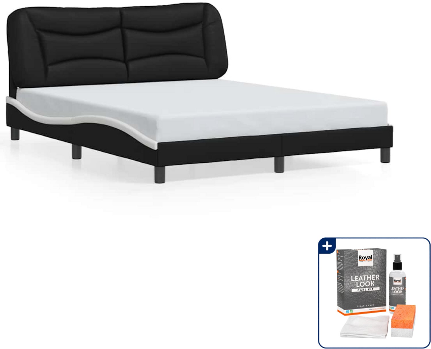 vidaXL Hvar bedframe - Queensize - 160 x 200 cm - zwart en wit - Inclusief onderhoudsset voor kunstleer 150 ml Blauw
