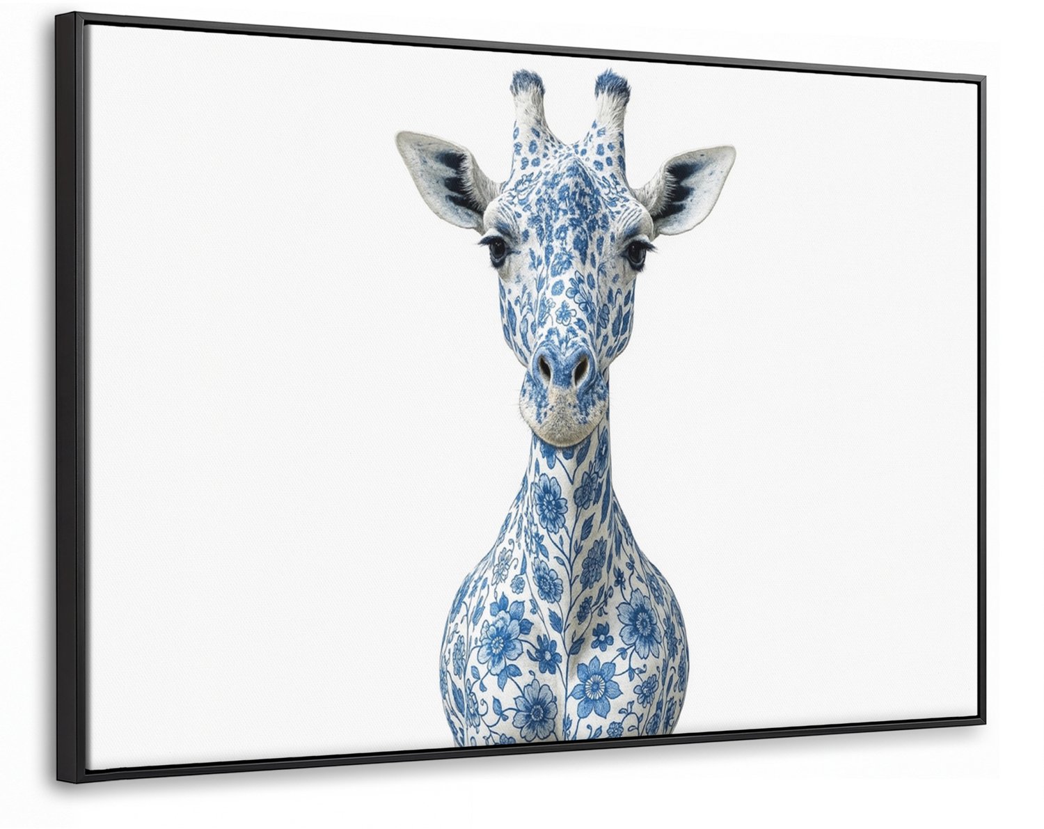 Canvas Schilderij met Baklijst XXL Canvas Schilderij met Baklijst 140x90cm - Giraffe - Delfts blauw - Dieren - Minimalistisch - Muurdecoratie woonkamer - Slaapkamer decoratie - Kamer accessoires - Schilderijen op canvas met lijst groot