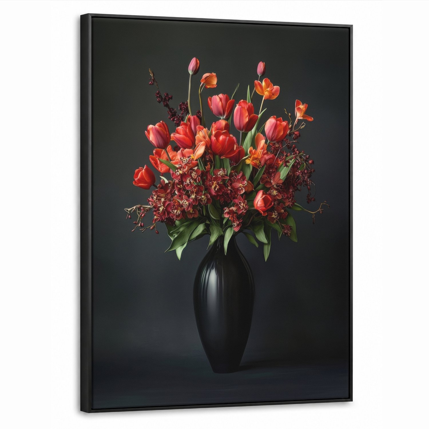 Canvas Schilderij met Baklijst 50x70cm - Boeket - Tulpen - Vaas - Rood - Muurdecoratie woonkamer - Slaapkamer decoratie - Kamer accessoires - Schilderijen op canvas met lijst