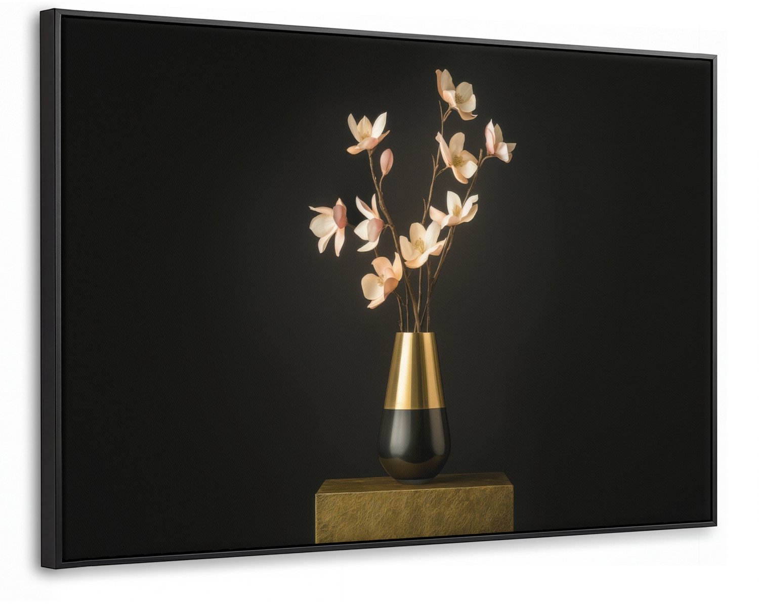 Canvas Schilderij met Baklijst XXL Canvas Schilderij met Baklijst 120x80cm - Sierlijk - Boeket - Goud - Vaas - Muurdecoratie woonkamer - Slaapkamer decoratie - Kamer accessoires - Schilderijen op canvas met lijst groot