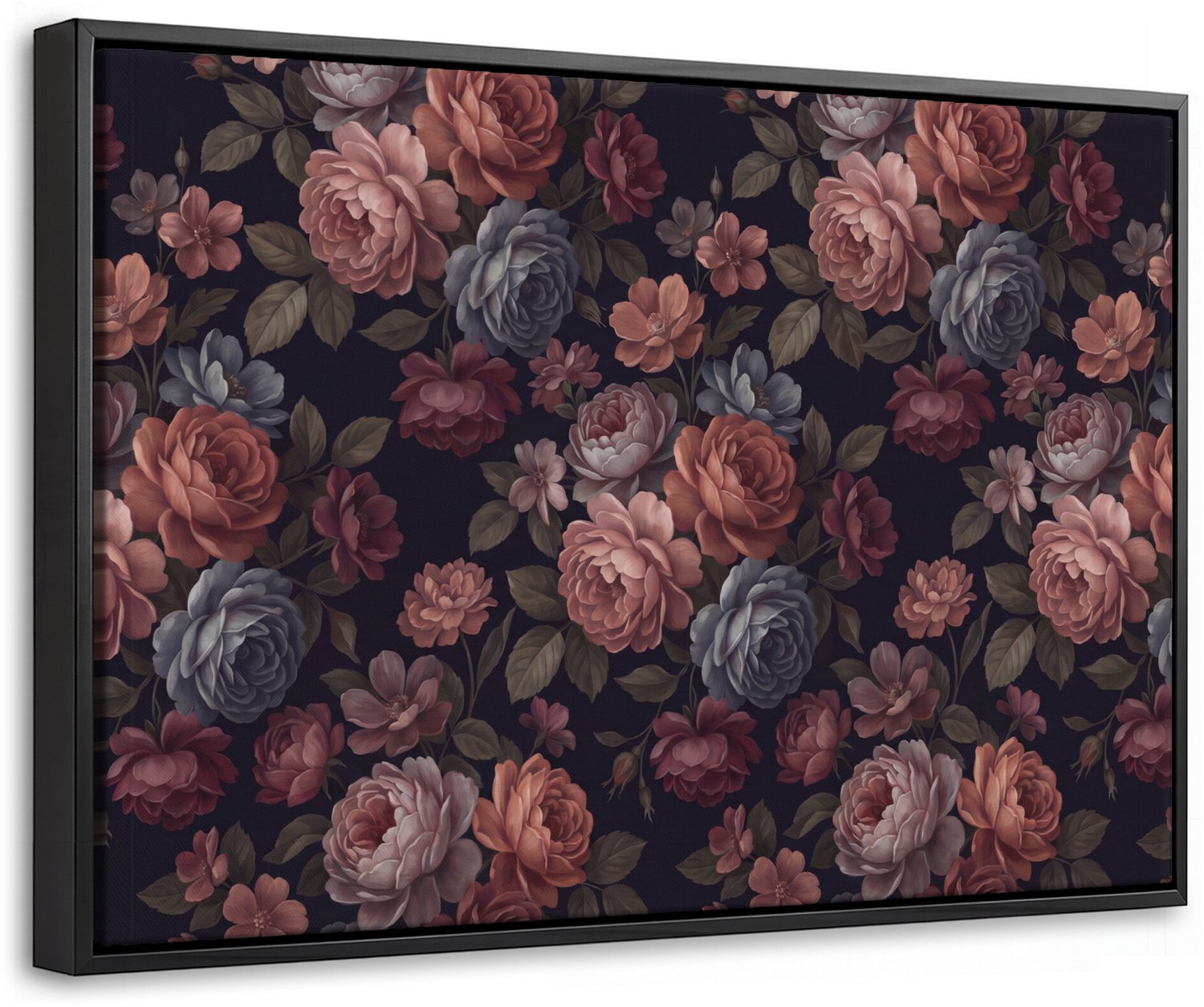 Canvas Schilderij met Baklijst 30x20cm - Bloemen - Patroon - Vintage - Donker - Roze - Muurdecoratie woonkamer - Slaapkamer decoratie - Kamer accessoires - Schilderijen op canvas met lijst