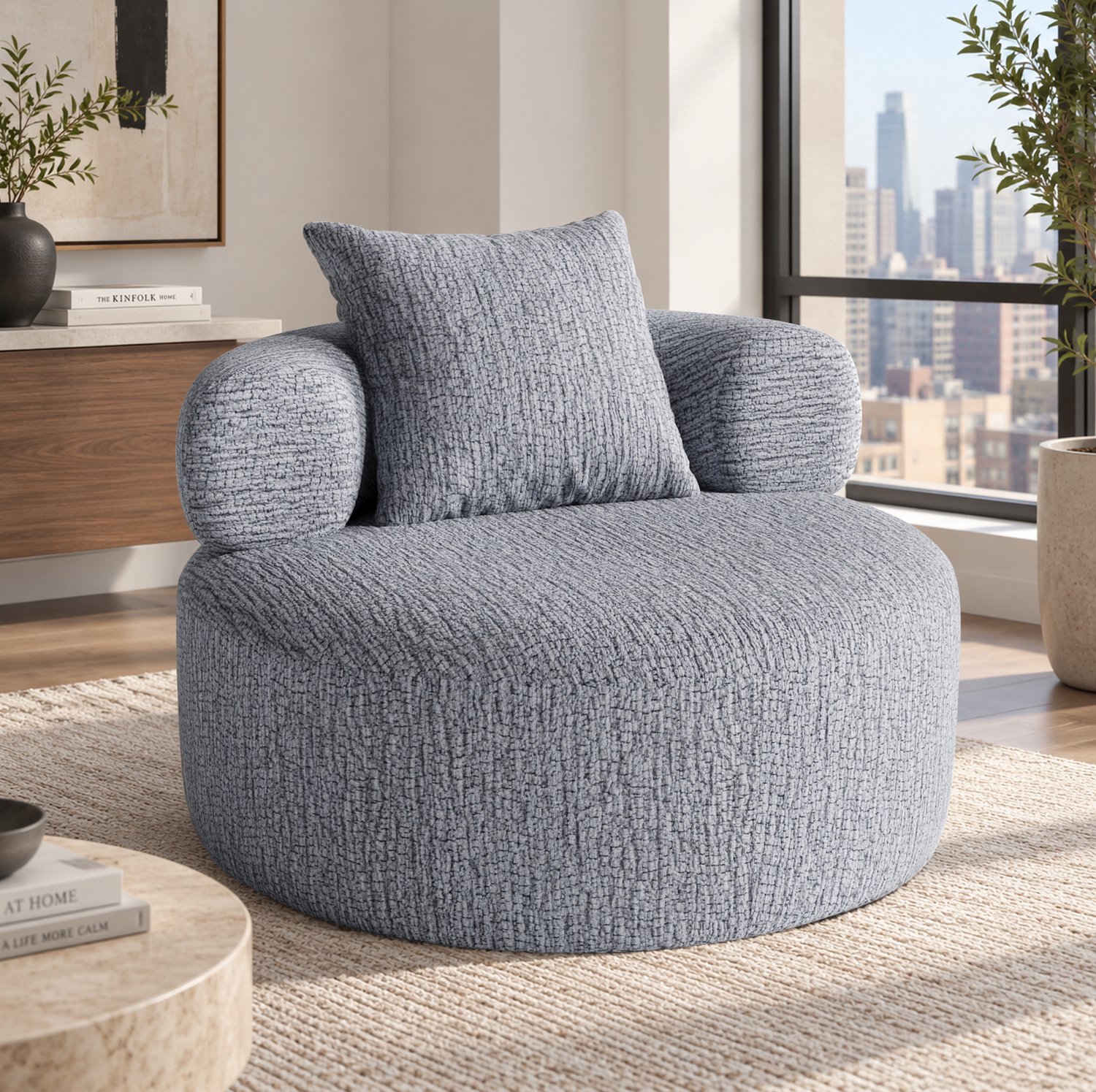 OKWISH Zitzakstoel 100 x 100 x 65 cm - Ronde Relaxstoel met Kussen en Schuimvulling - voor Woonkamer en Slaapkamer - Chenille - Grijs