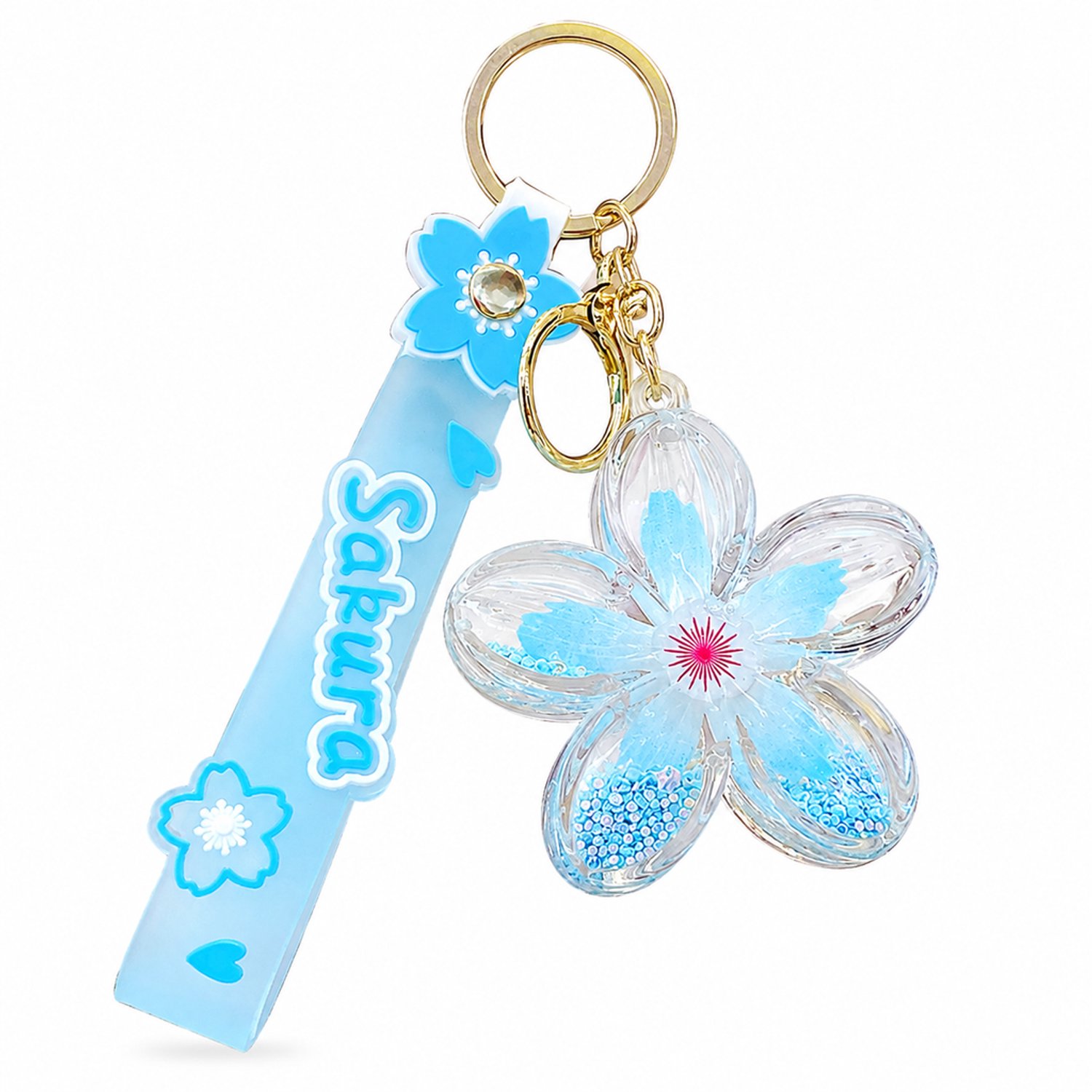 Sleutelhanger met blauwe plumeriabloem en vloeibare glitters, acryl hanger met sierband, sleutelring en karabijnsluiting, individueel verpakt