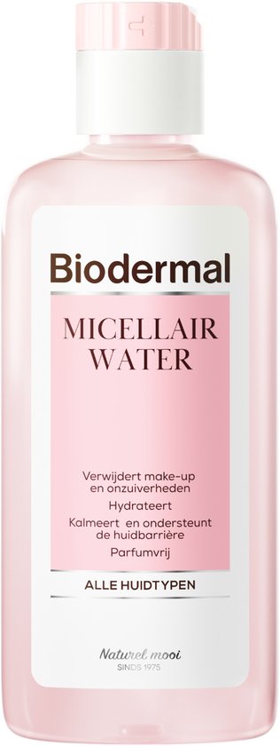Roze fles Biodermal Micellair Water voor alle huidtypen, 200 ml, met tekst over hydratatie en reiniging.