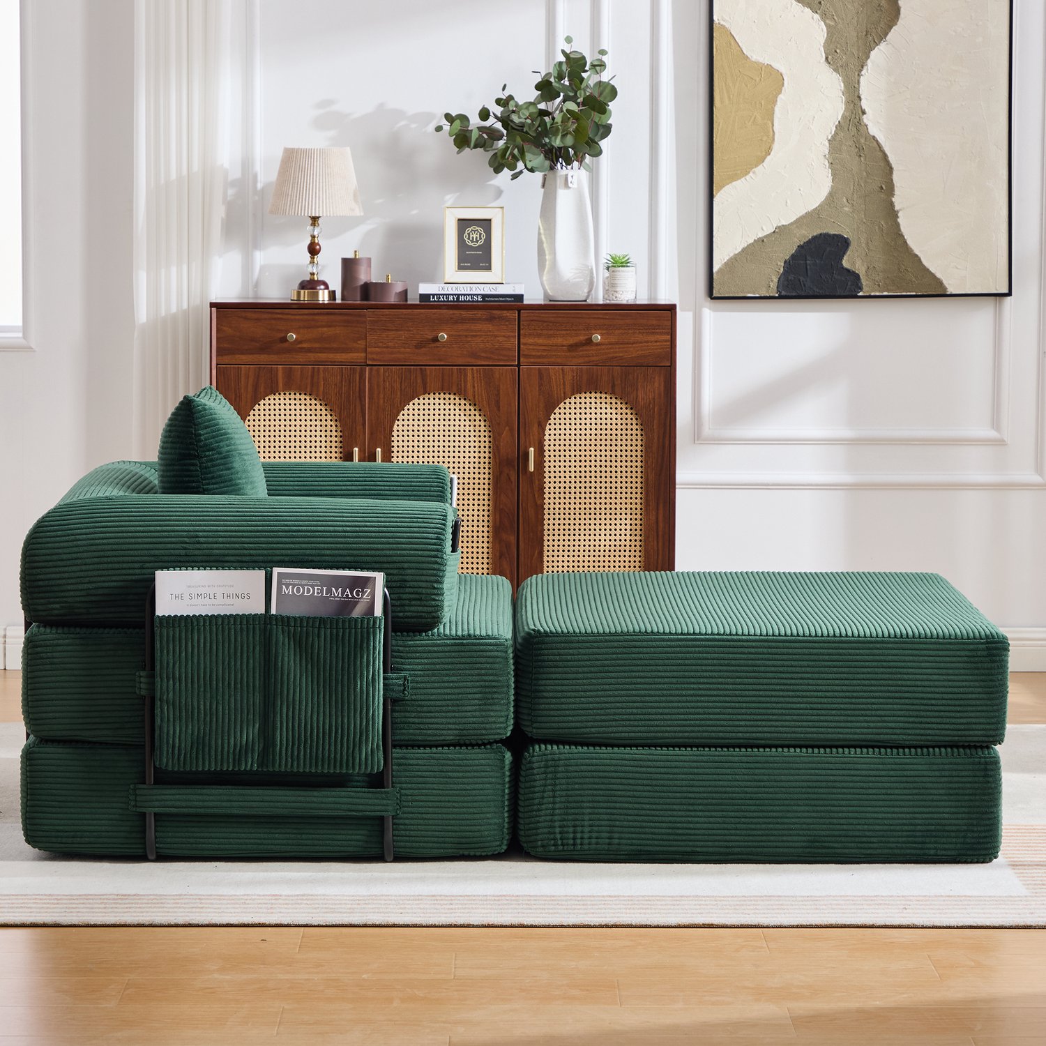 Wishdor Fauteuil met dikke schuimvulling - Corduroy bekleding en metalen frame - Inclusief kussen en zijvak - Zonder montage - Voor woonkamer slaapkamer en balkon - Smaragdgroen - 112 x 95 x 67 cm