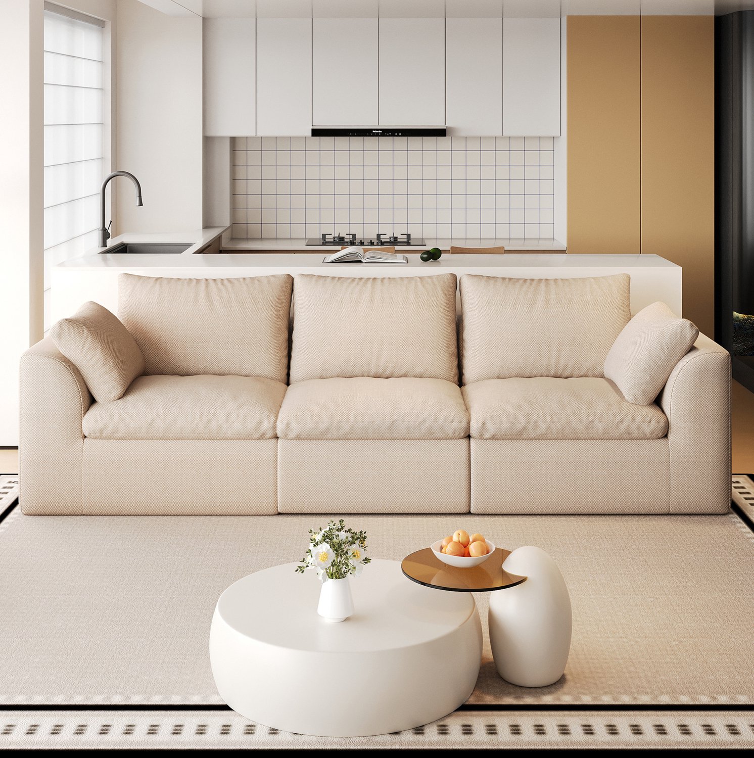 STILVORA Zitbank 245 cm - 3-Zitsbank met Zachte Schuimvulling - Voor de Woonkamer - Linnen Bekleding - Khaki