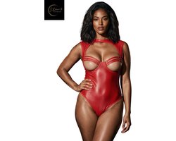 Sexy Lingerie Body Dames – Luxe Lingerie – Rood – Wetlook Lingerie – Open Cup – Lak – Latex – Lingerie Erotisch – Bodysuit – Sexy Lingerie Dames – Kinky – Erotische Lingerie – BDSM – Shapewear Corset – Leer – PU Top – Dare to Undress Maat S, M, L, XL