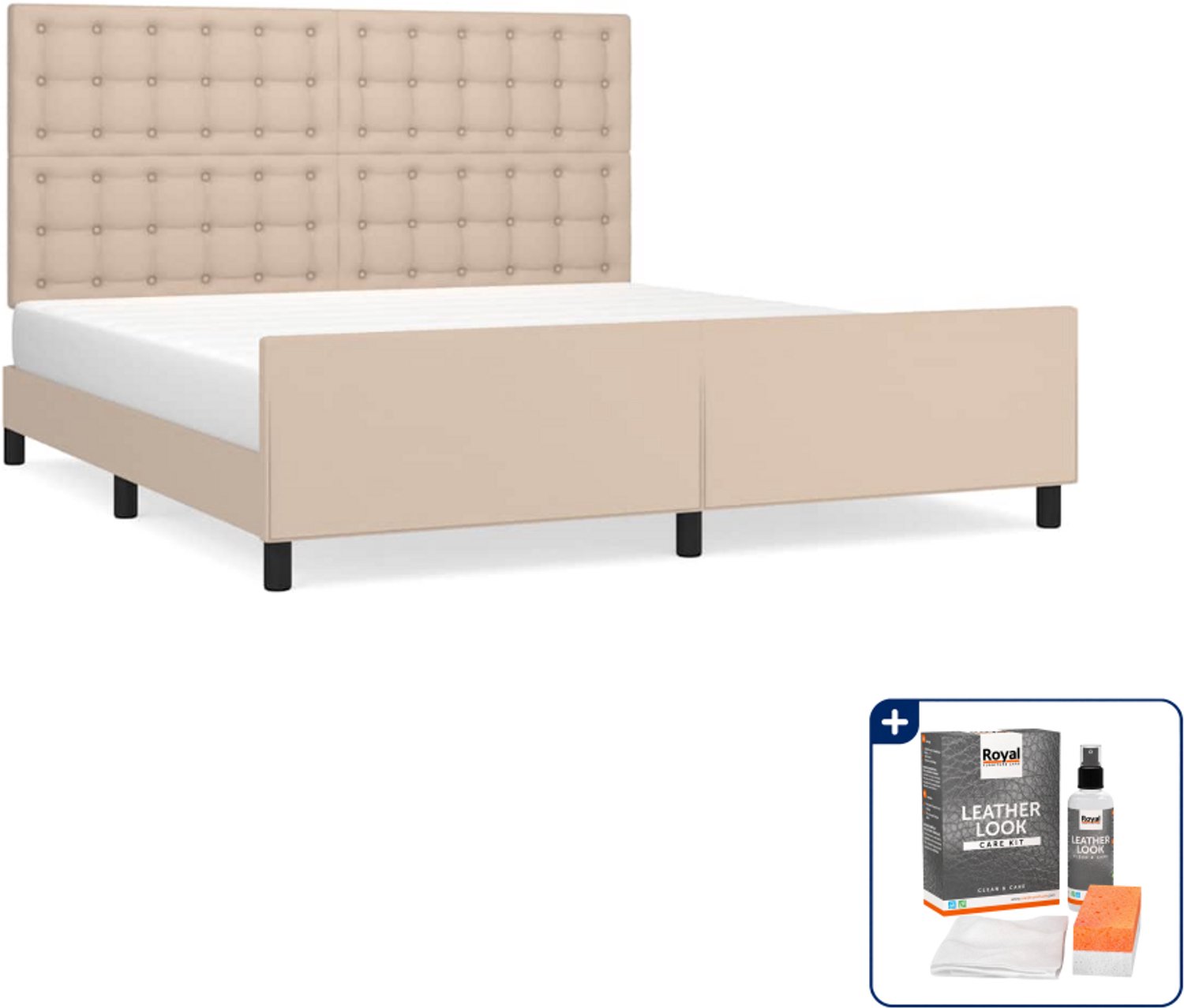 vidaXL Queensize bedframe - 160 x 200 cm - kunstleer - cappuccino - Inclusief onderhoudsset voor kunstleer 150 ml Bruin