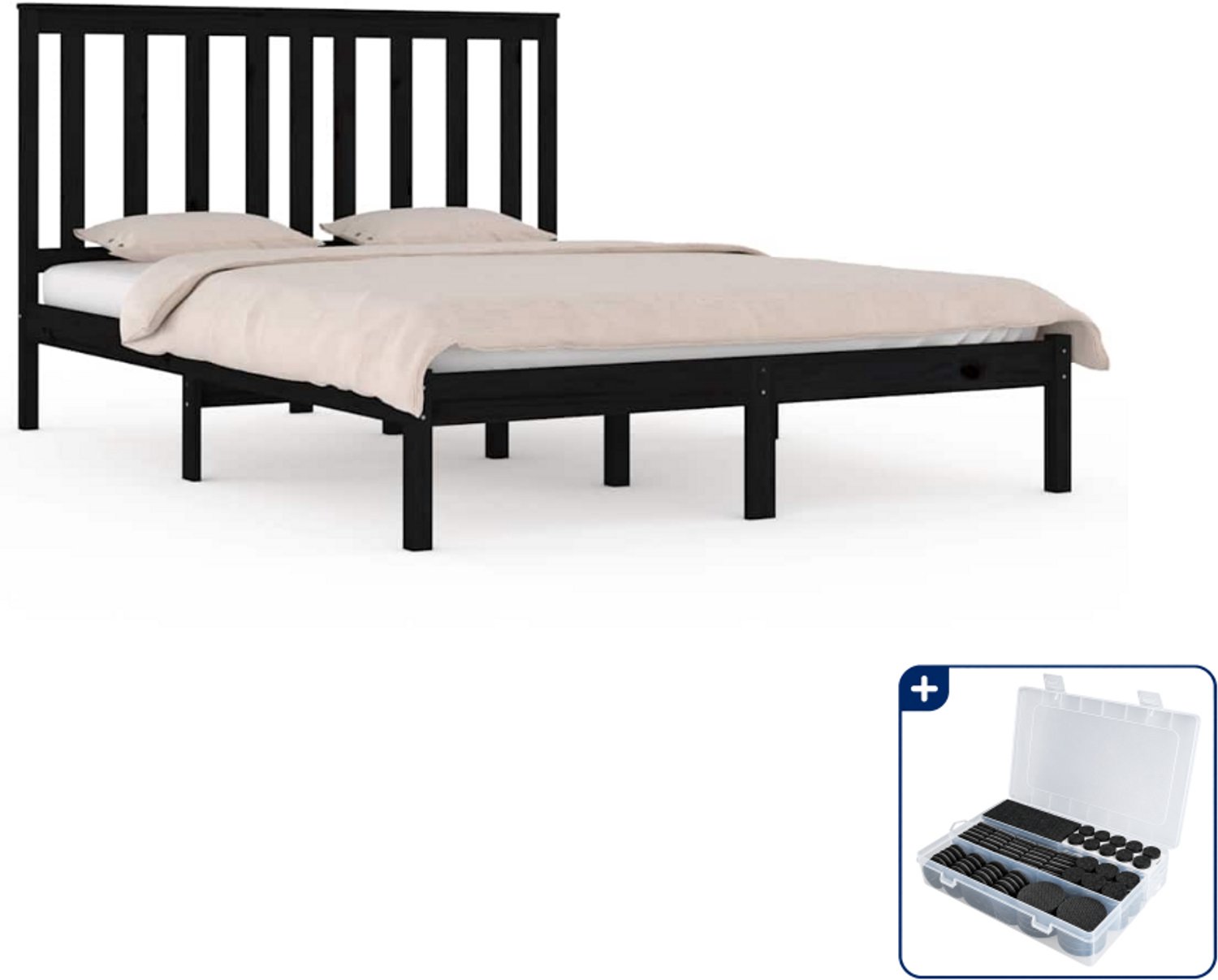vidaXL bedframe - 140 x 190 cm - massief grenenhout - zwart - Inclusief antikrasvilt 177-delig Blauw