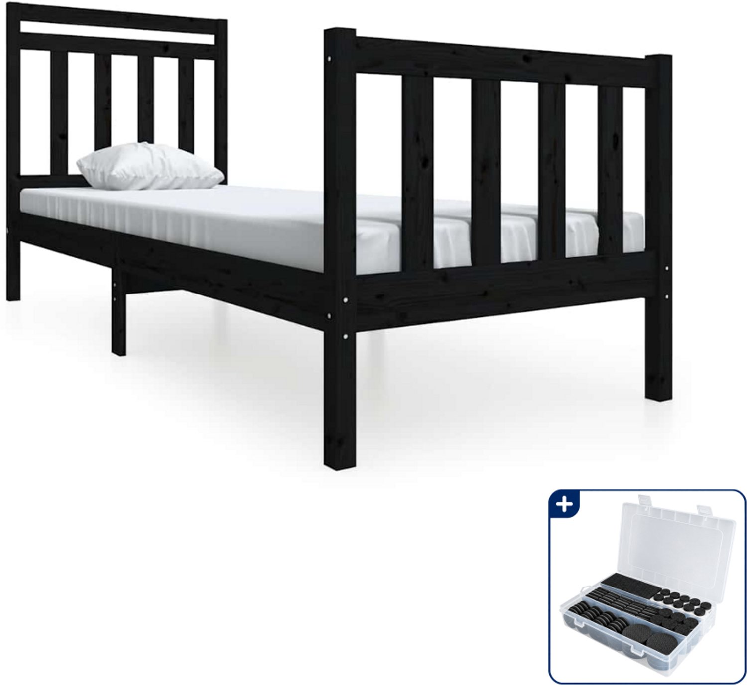 vidaXL bedframe - 75 x 190 cm - massief grenenhout - zwart - Inclusief antikrasvilt 177-delig
