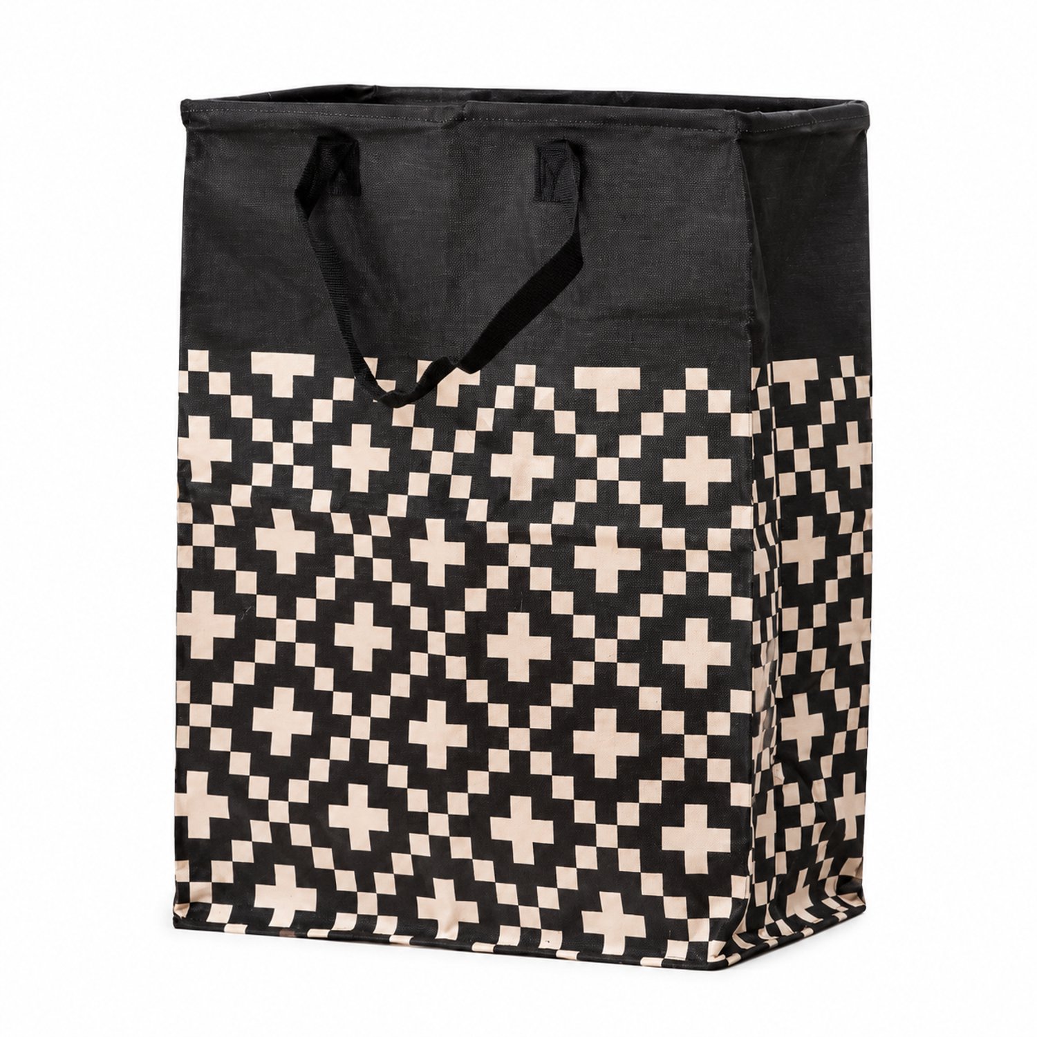Opvouwbare wasmand met twee draaghengsels - Rechthoekig - Zwart en beige geometrisch patroon