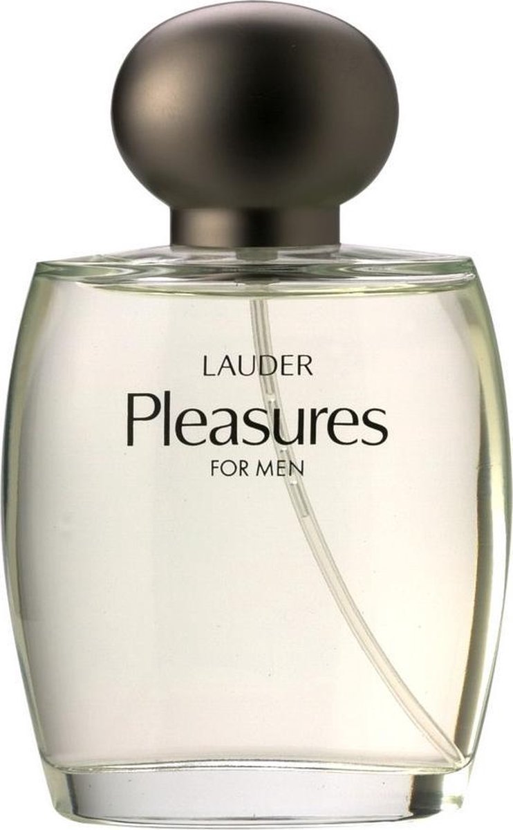Glazen fles Lauder Pleasures for Men cologne spray met zilverkleurige, ronde dop.