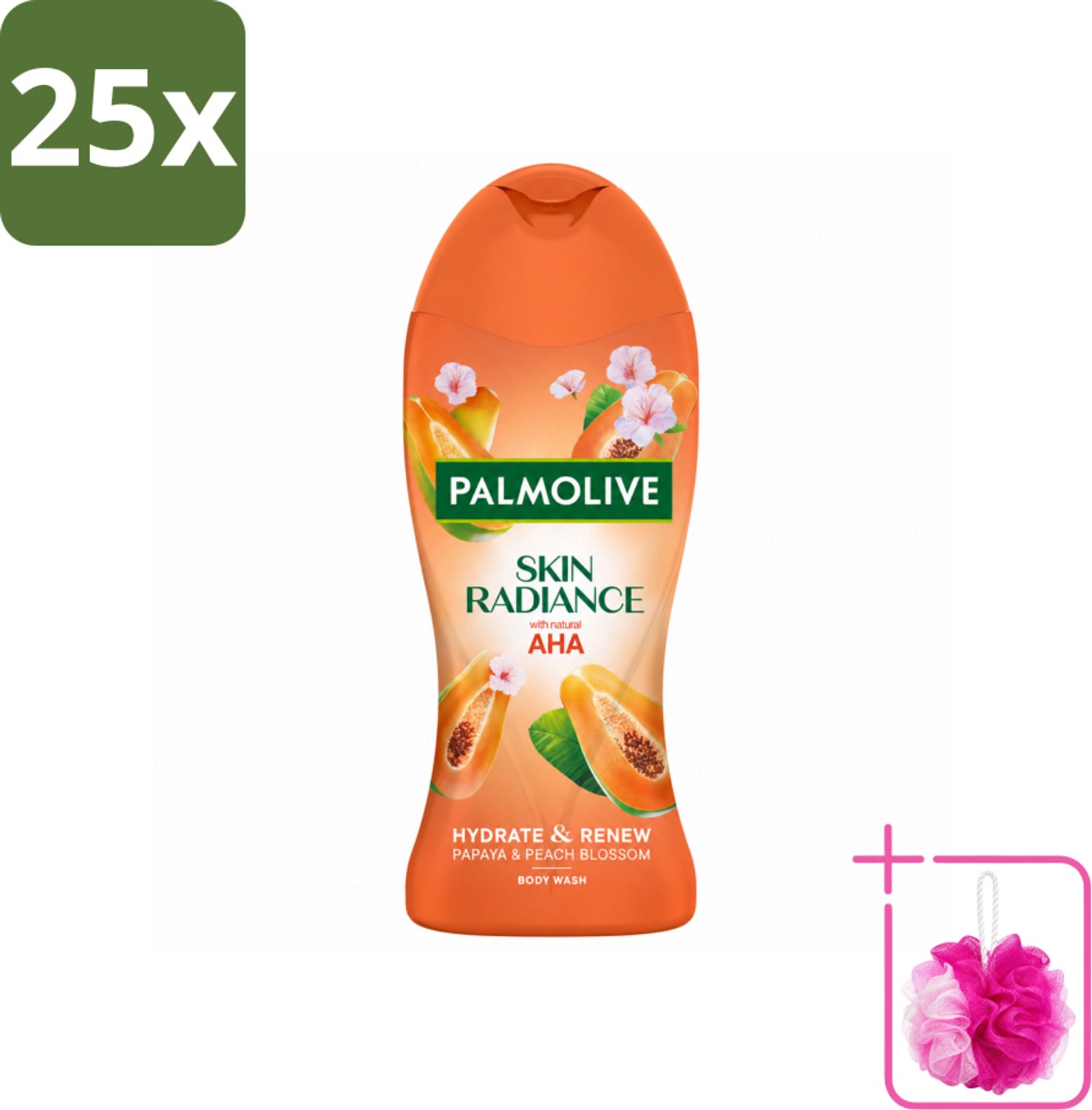 25 x Palmolive – Douchegel – Skin Radiance Papaya Peach – 250 ml - Bulkverpakking - Douchegel - Douchemop - Exfoliatie