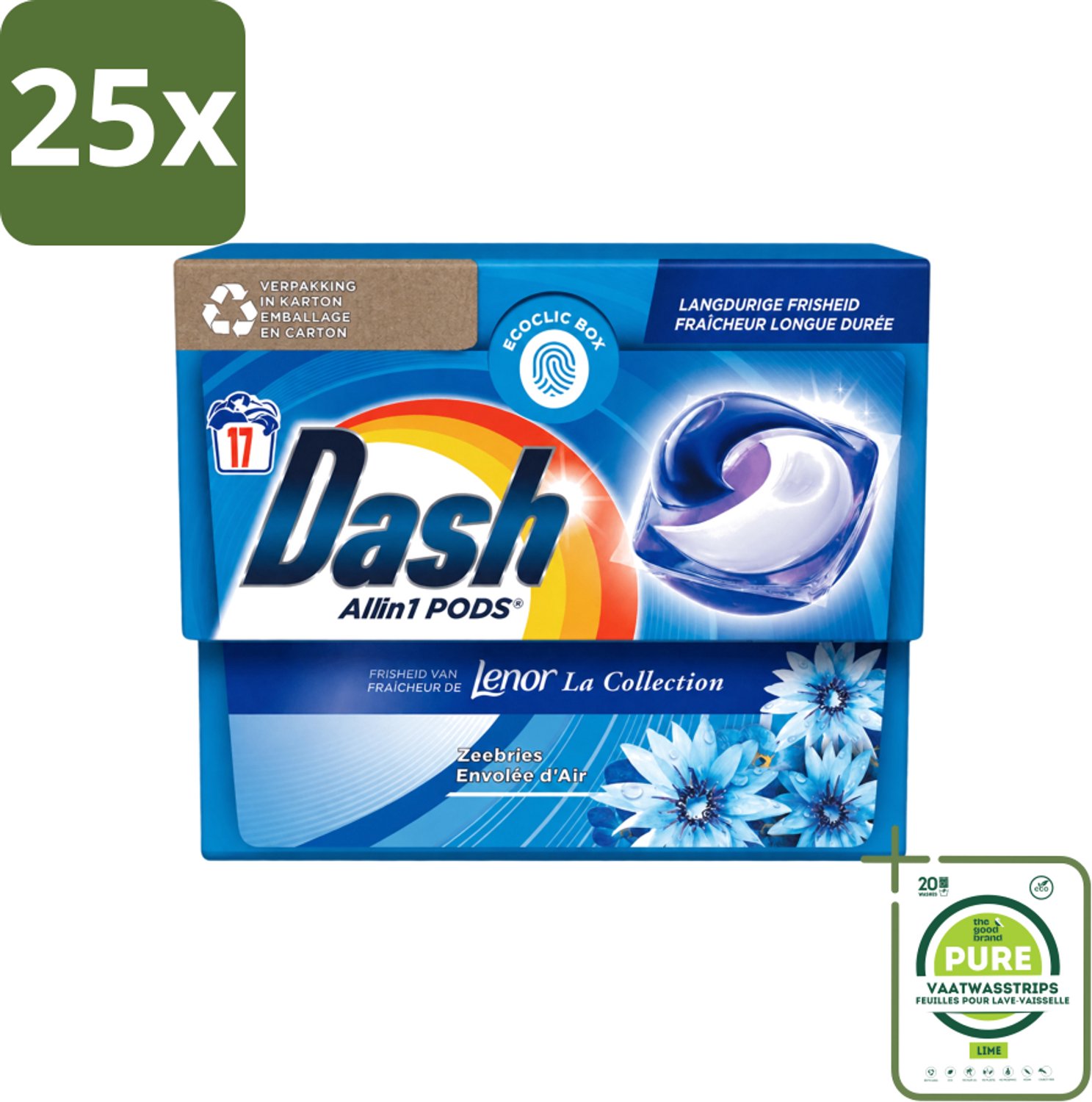 25 x Dash - Lenor Collectie - Wasmiddel Capsules - All-in-1 Pods - Witte en Gekleurde Was - Zeebries - 17 Wasbeurten - Grootverpakking - Vaatwasstrips - Wasmiddel Capsules - Zeebries Geur - Wasmachine Pod - Frisheid Was - Witte Was