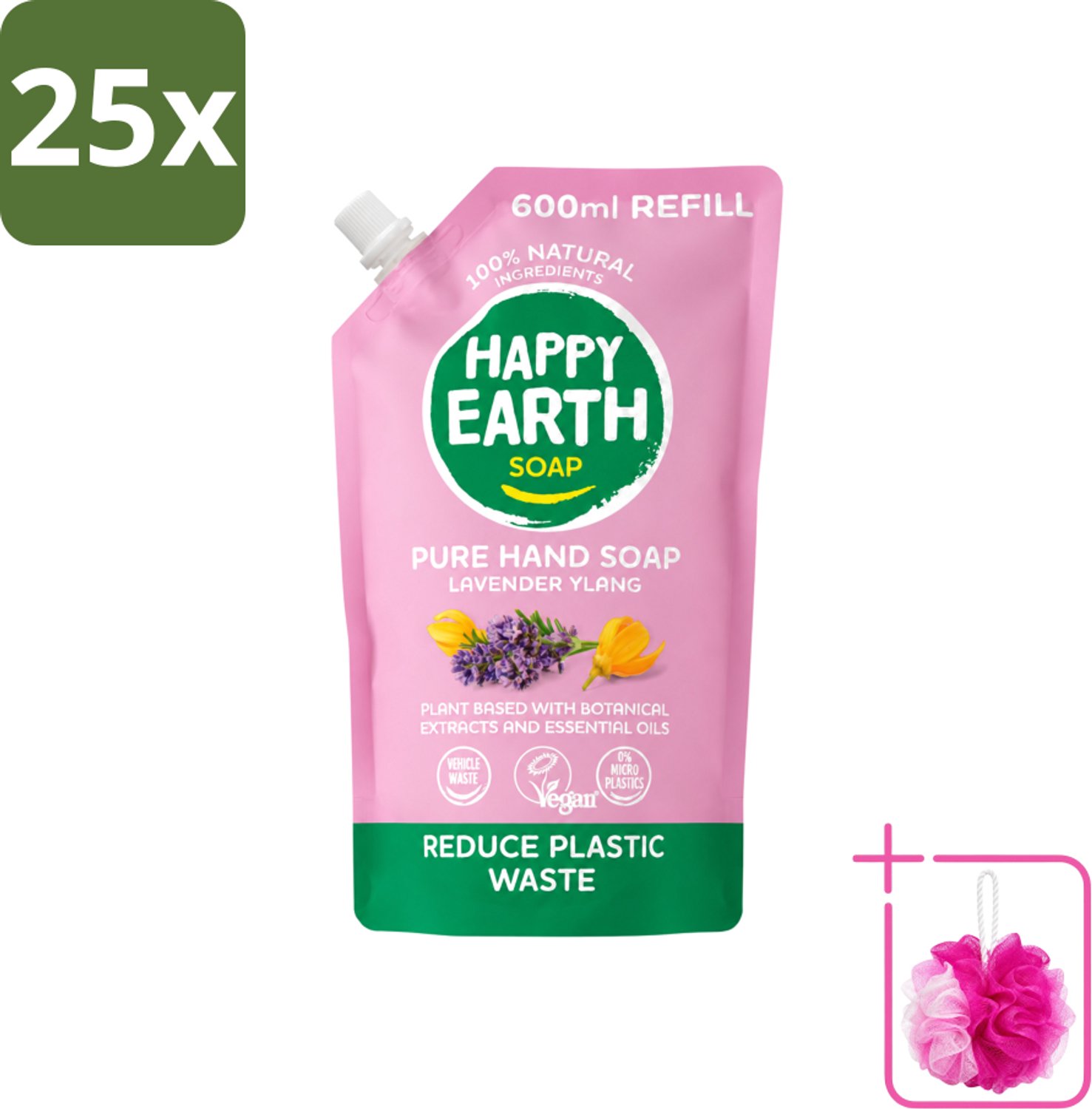 25 x Happy Earth – Handzeep Navulling – 100% Natuurlijk Lavender Ylang – 600 ml - Bulkverpakking - Natuurlijke handzeep - Douchemop - Navulverpakking