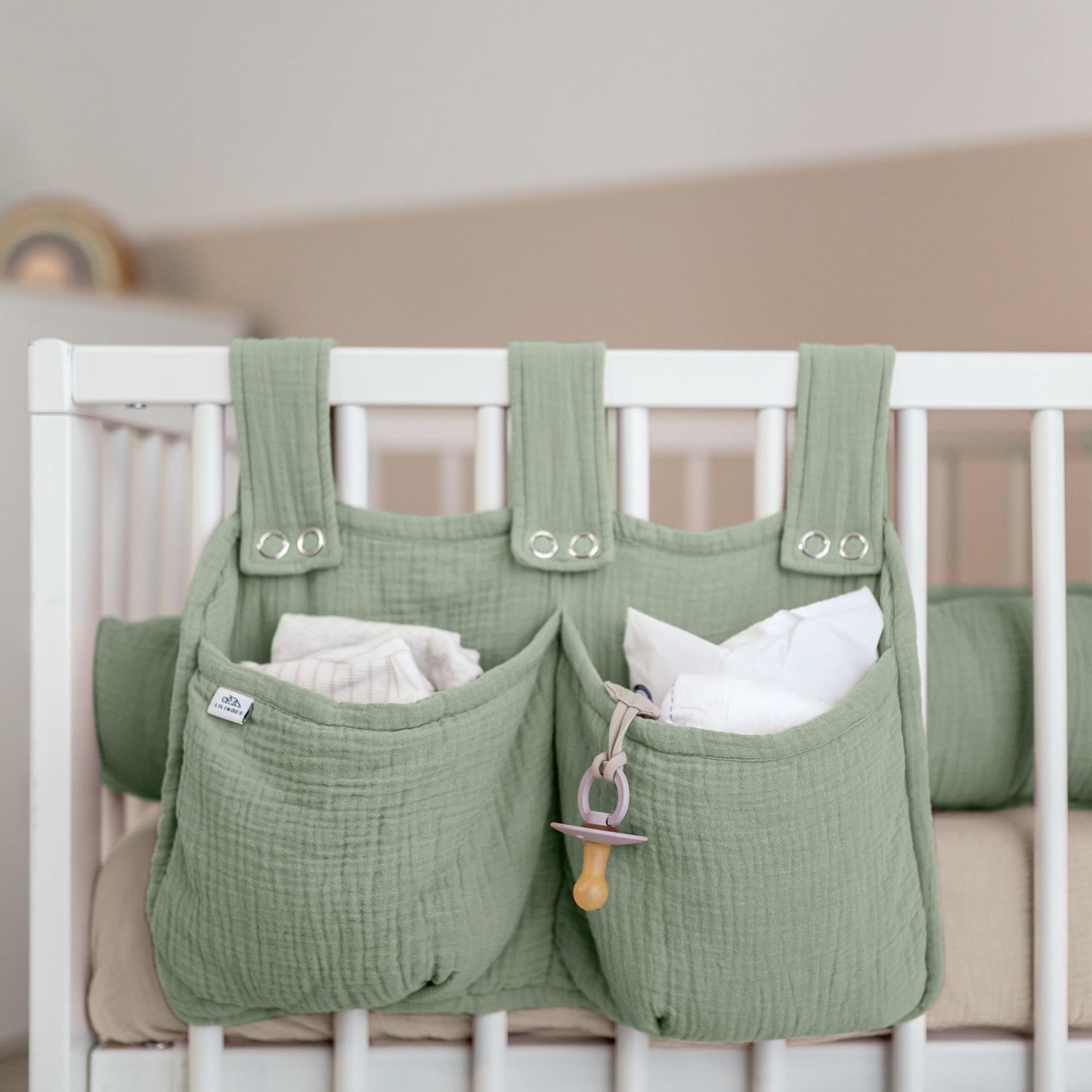 LILIMAUS Bed organizer voor kinderbed - hangend bedtasje met 2 vakken - mousseline katoen - groen