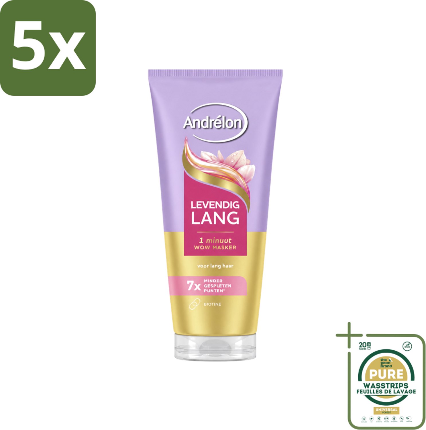 5 x Andrélon – Haarmasker WOW – Levendig Lang – 180 ml - Wasstrips - Haarversterking - Haarverzorging - Haarbreuk - Gespleten Punten - Biotine