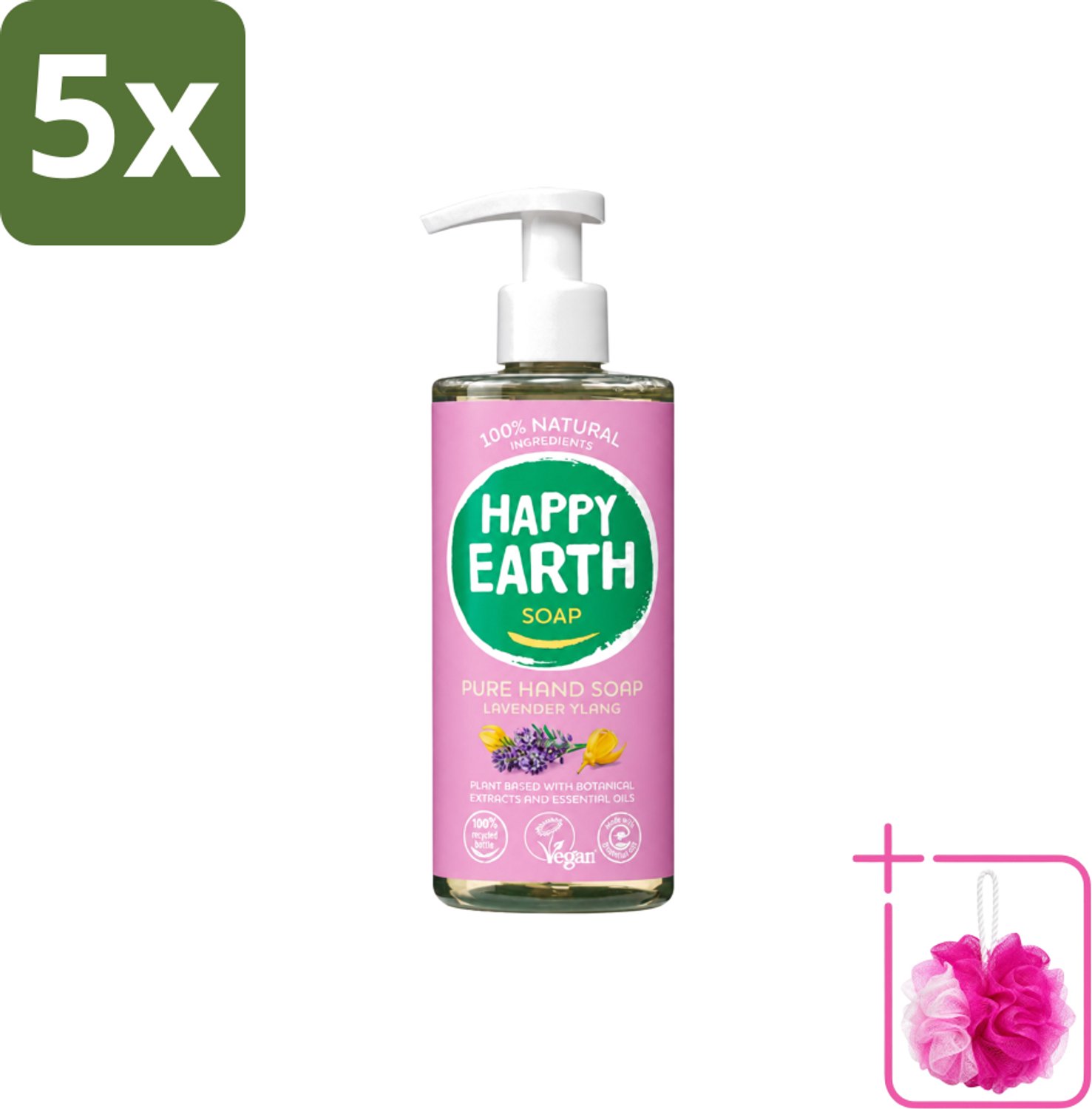 5 x Happy Earth – Handzeep – 100% Natuurlijk Lavender Ylang – 300 ml - Bulkverpakking - Natuurlijke handzeep - Douchemop - Vegan handzeep