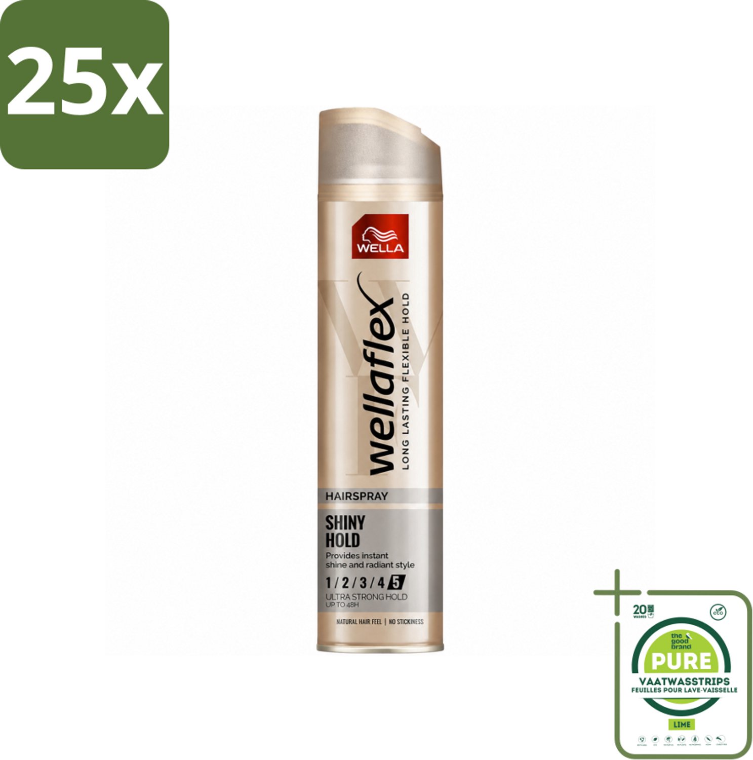 25 x Wella – Flex Shine Ultra Strong – Haarspray – 250 ml - Grootverpakking - Vaatwasstrips - Haarspray - Glans - Fixatie - Haarverzorging - Macadamia-olie